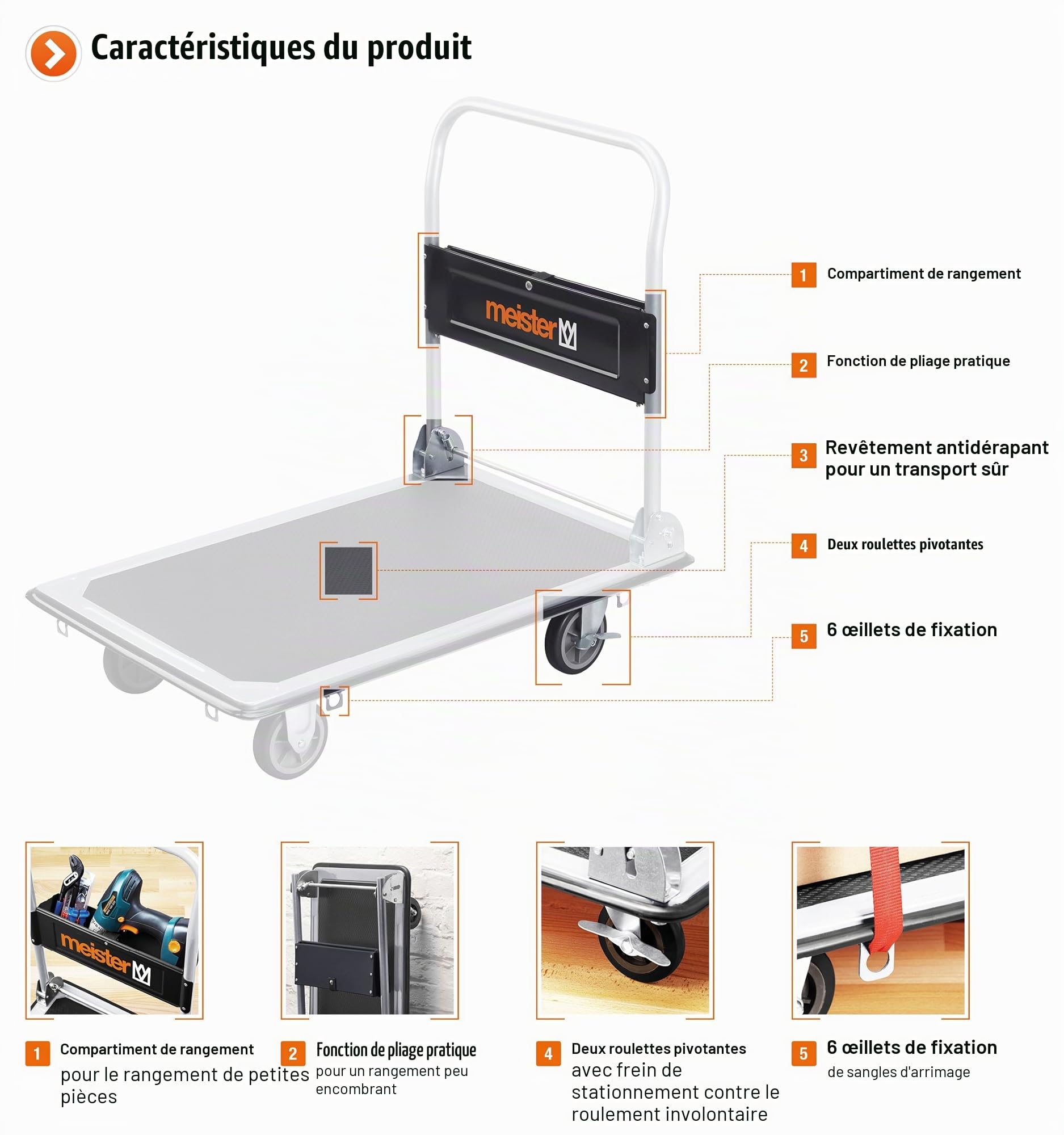 Meister Chariot de plateforme - Pliable - Jusqu'à 300 kg de capacité de charge - Frein de stationnement / Aide au transport avec roulettes pivotantes / Chariot pliable en acier / 8985540