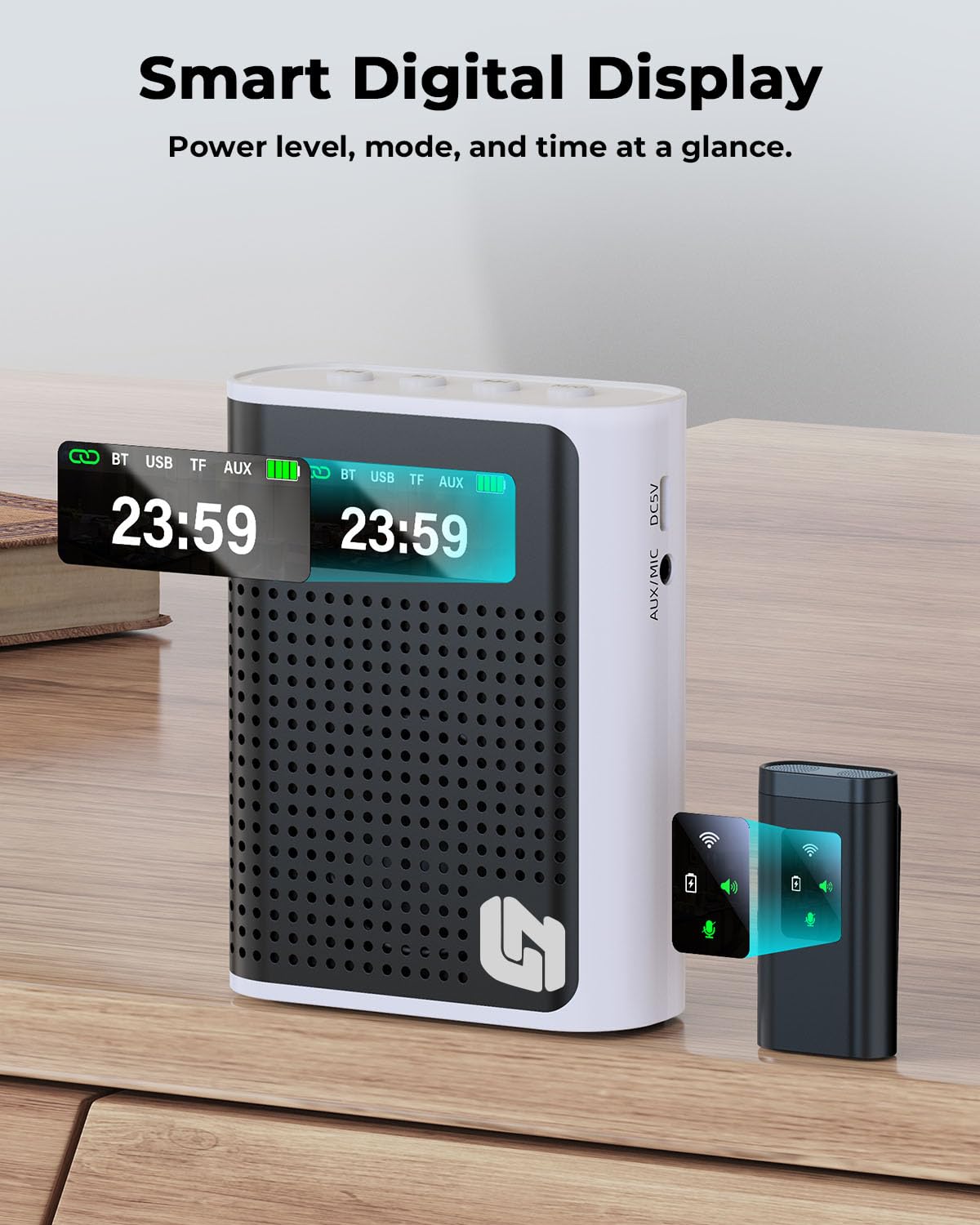 Micrófono inalámbrico con amplificador de voz mejorado 2025 con solapa magnética, pantalla LED, altavoz portátil recargable para profesores, aula, yoga, reuniones, discursos, excursiones