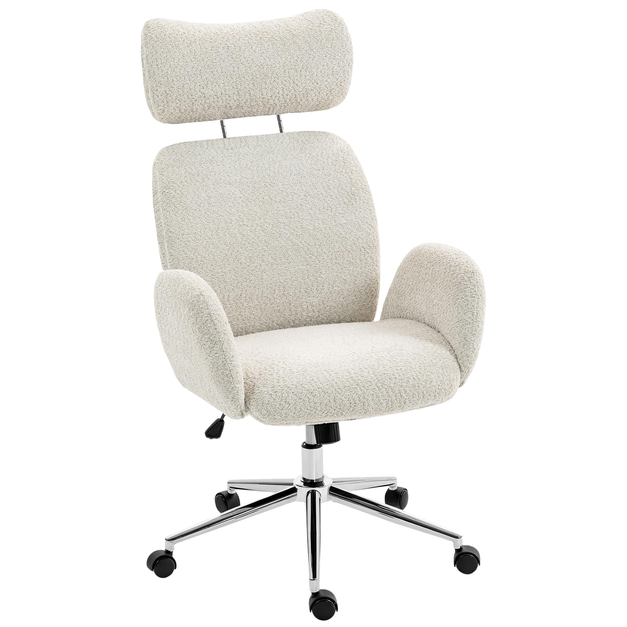 HOMCOM Office Chair with Adjustable Headrest, Spring Pack, Curved Line, Swivel Desk Chair with High Back, Boucle Fabric, Tilting Function, Adjustable Height for Home, Pale Grey