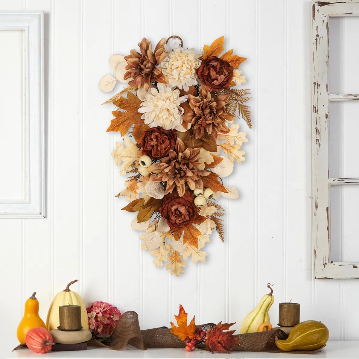 23.6 Inch Fall swags for Front Door Outside Autumn sway with Dahlia, Chrysanthemum, Rose, Berries & Leaves – Fall Door sway for Outdoor sways Indoor Thanksgiving Decor Champagne and Brown - Image 2