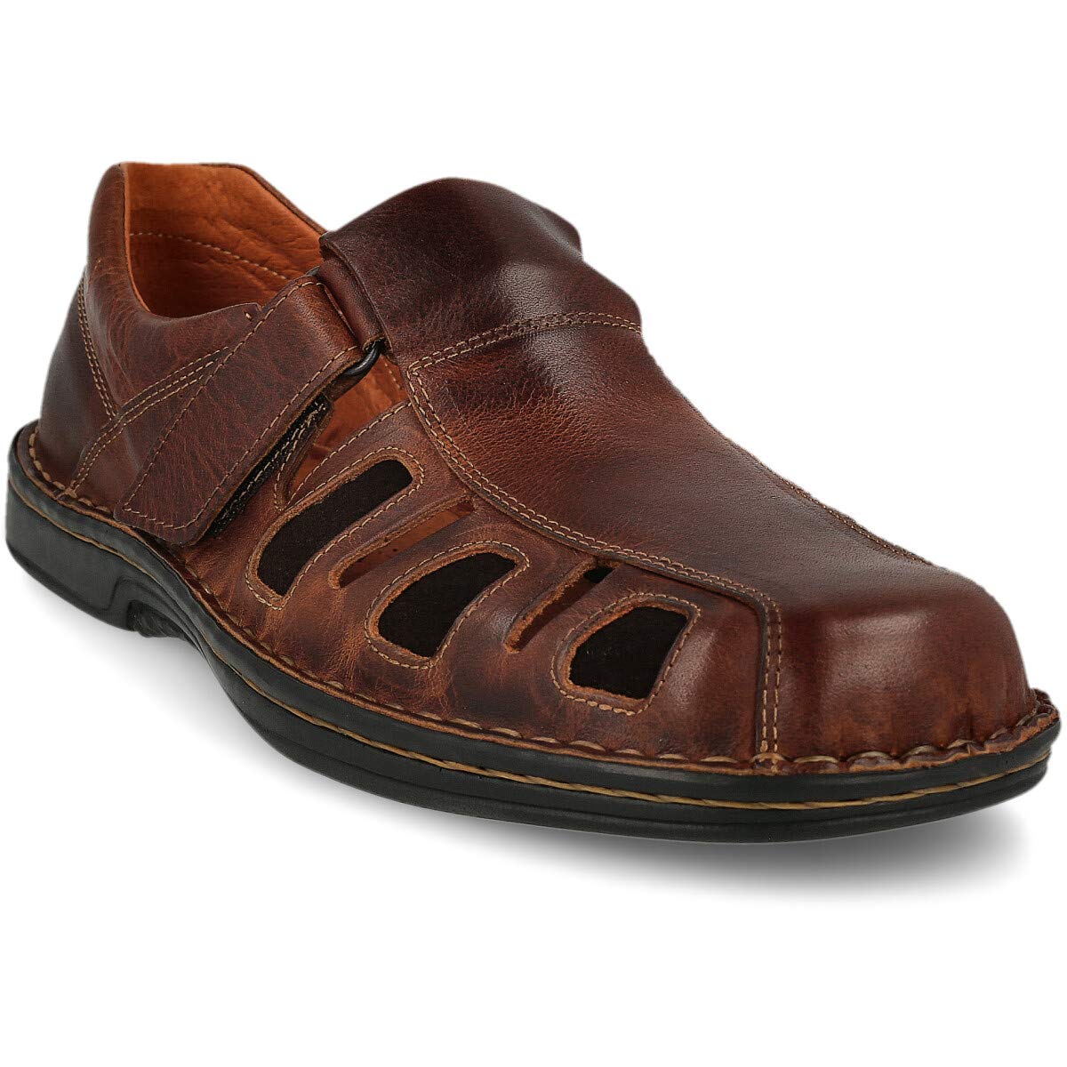 Sandali Estivi da Uomo in Pelle. Escursionismo, Trekking, Outdoor, Spiaggia. Soletta Imbottita in Microfibra. Suola di Gomma. Chiusura in Strappo. Colore Marrone Nero