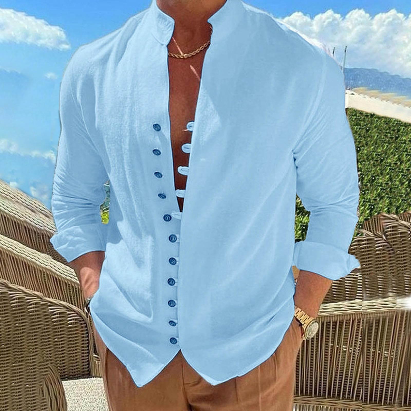 Camicie da Uomo Camicia A Colori Solidi in Cotone retrò E Maniche Lunghe Lino Casual Sciolta-Bianco-s