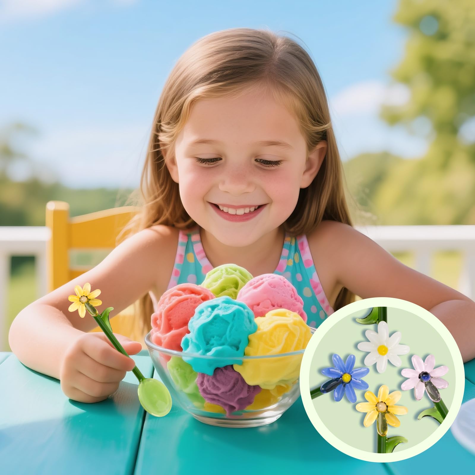 Glaslöffel mit Blumenmuster, 15 cm, bunt, transparent, langer Griff, Kaffee-Rührlöffel, Cocktail-Rührlöffel für Zuhause, Bar und Partyveranstaltungen, 4 Stück