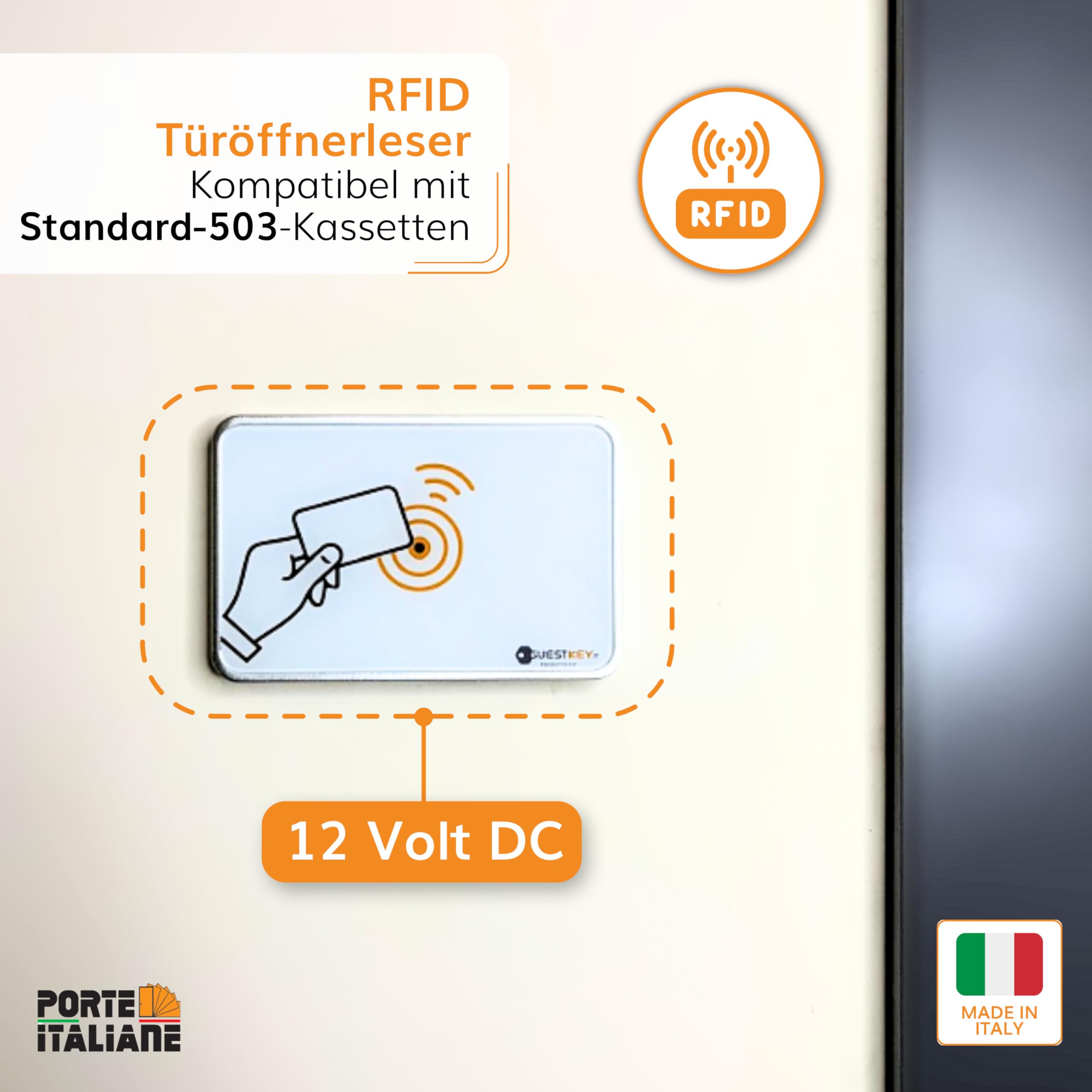 Porte Italiane, RFID-Kartenleser zur Türöffnung und Zugangskontrolle in Zimmern von B&Bs, Hotels und Herbergen, mit Energiespartasche, Komplettset mit 4 RFID-Karten, Basisversion