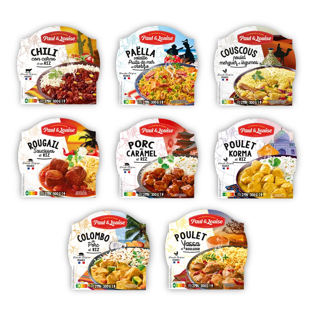 Box Découverte Paul & Louise – 8 plats cuisinés - Recettes Exotiques - Longue Conservation - Viande Origine France - Prêt en 2 Minutes - Box repas - Pratique