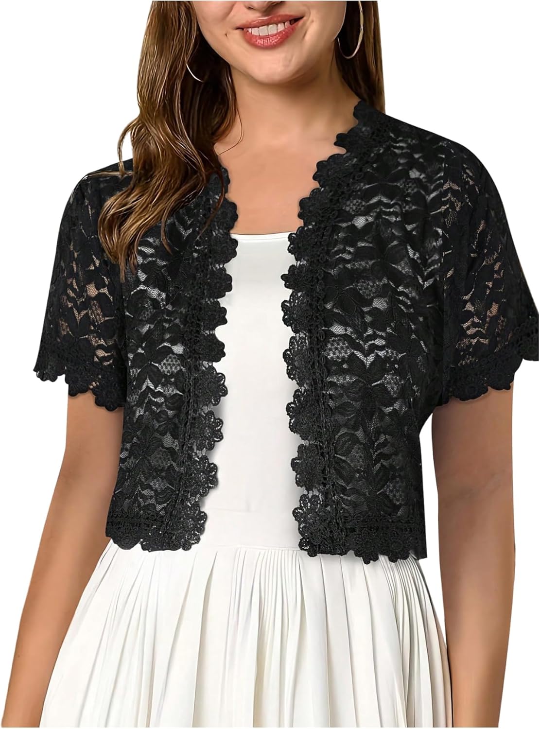 WDIRARA Women's Lace Cropped Jacket Open Front Short Sleeve Bolero Shrug Lightweight Cardigans