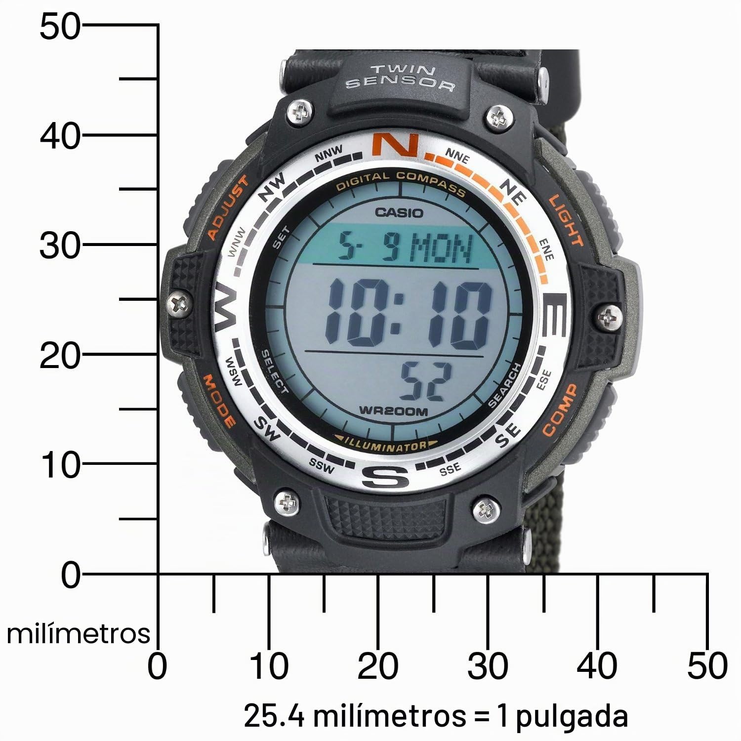 Casio Serie SGW100 | Reloj digital y brújula | 200 M WR | Cronómetro 100 SEC | Sensor doble de dirección y temperatura | Resistente a bajas temperaturas | Hora mundial | Calendario automático | Alarma
