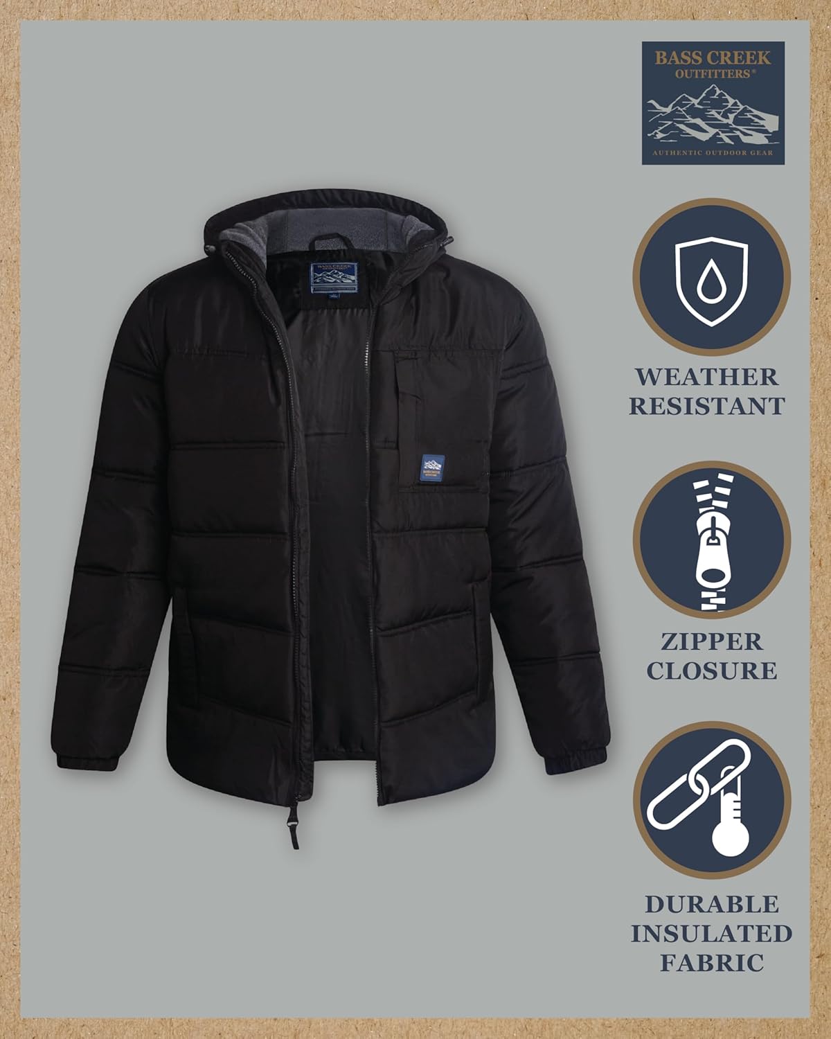 Bass Creek Outfitters Mens Winter Jacket - Insulated Quilted Winter Coat Heavyweight Hooded Puffer Outerwear Jacket for Men - Image 2