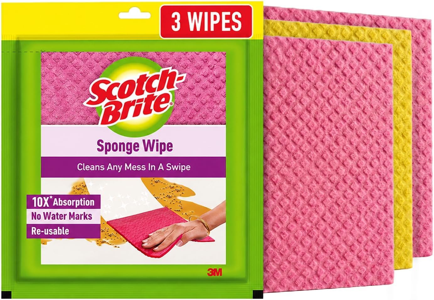 Scotch-Brite Sponge Wipes- Reusable, Kitchen and House Cleaning- Easy to use, Cleans any mess in a swipe, Absorbs water its own 10x weight, Multi- color, Biodegradable (pack of 3)