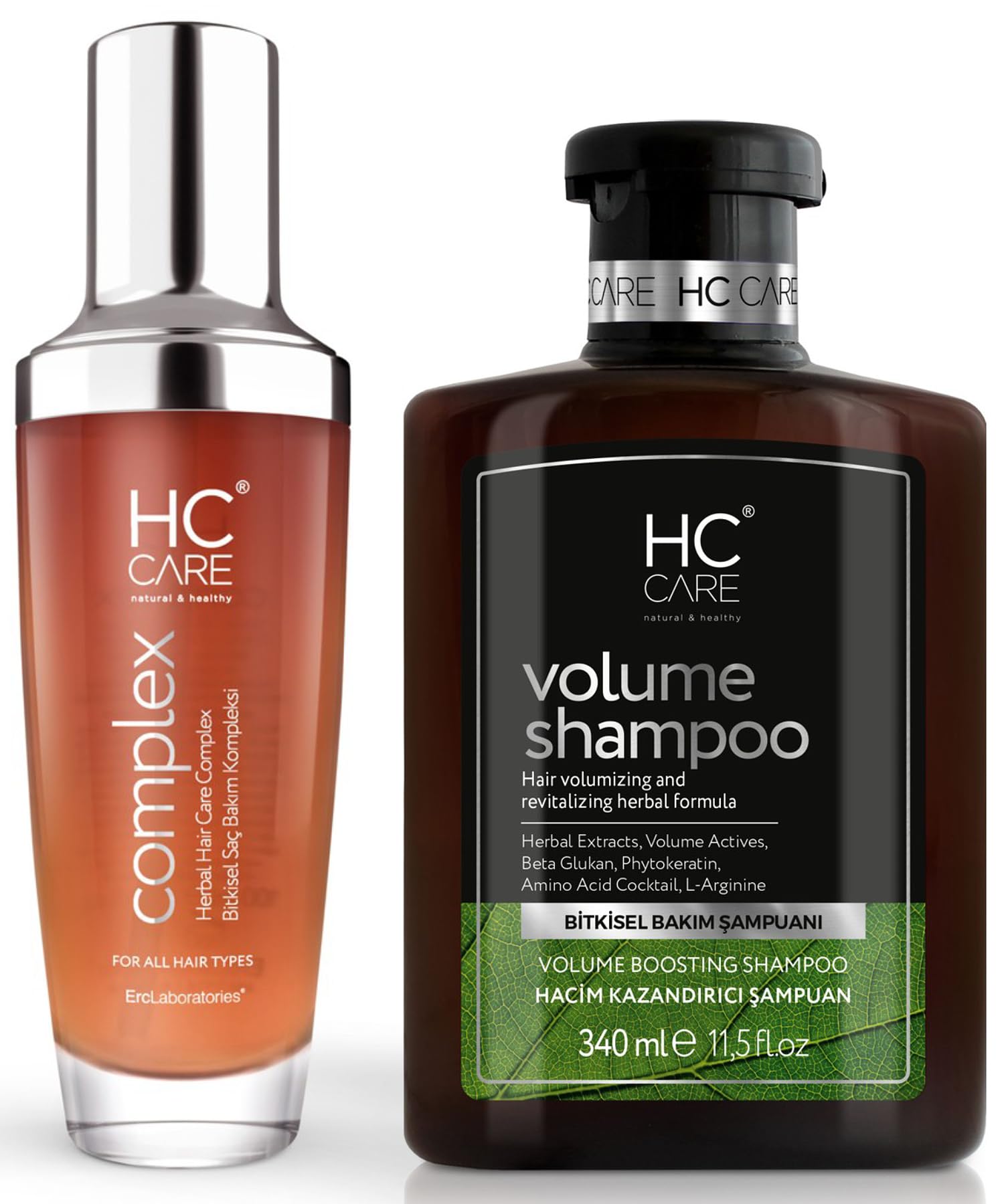 HC Care COMPLEX 100% Herbal Hair Lotion 3.5 fl oz. & Herbal Volume Shampoo For All Hair Types 11.5 fl oz. | Anti Frizz Hair Strengthening Serum All Natural | Nourishment Treatment for Hair Repair