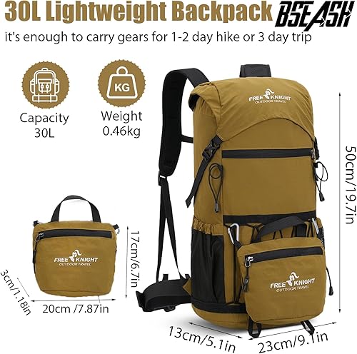 Miniatura 2 de Bseash Mochila de senderismo ligera de 30 L, bolsa de viaje impermeable para deportes al aire libre, mochila para ciclismo, escalada, esquí (caqui)