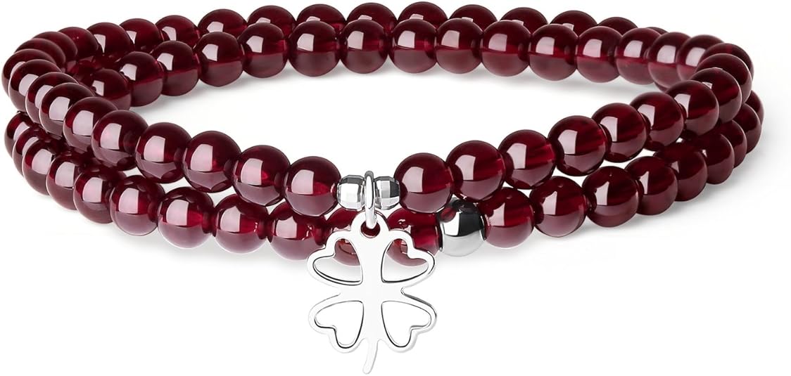 COAI Bracciale Doppio Giro In Pietre Naturali Di Granato Con Amuleto Quadrifoglio In Argento 925 - Portafortuna Elastico - 2