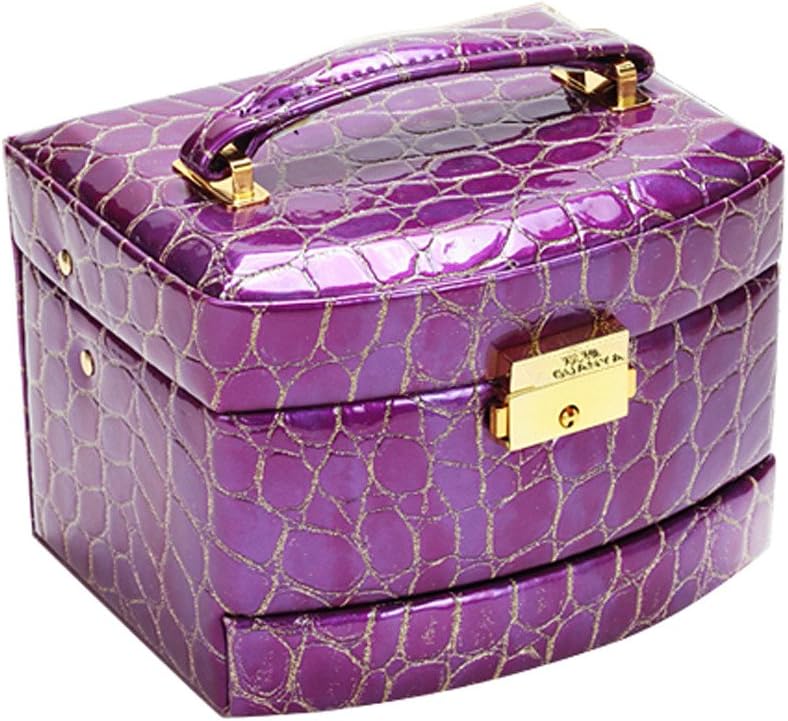 WILL GEM Portable Semi Automatic 3 Layers Small PU Leather Jewerly Box for Travel Home Use Purple