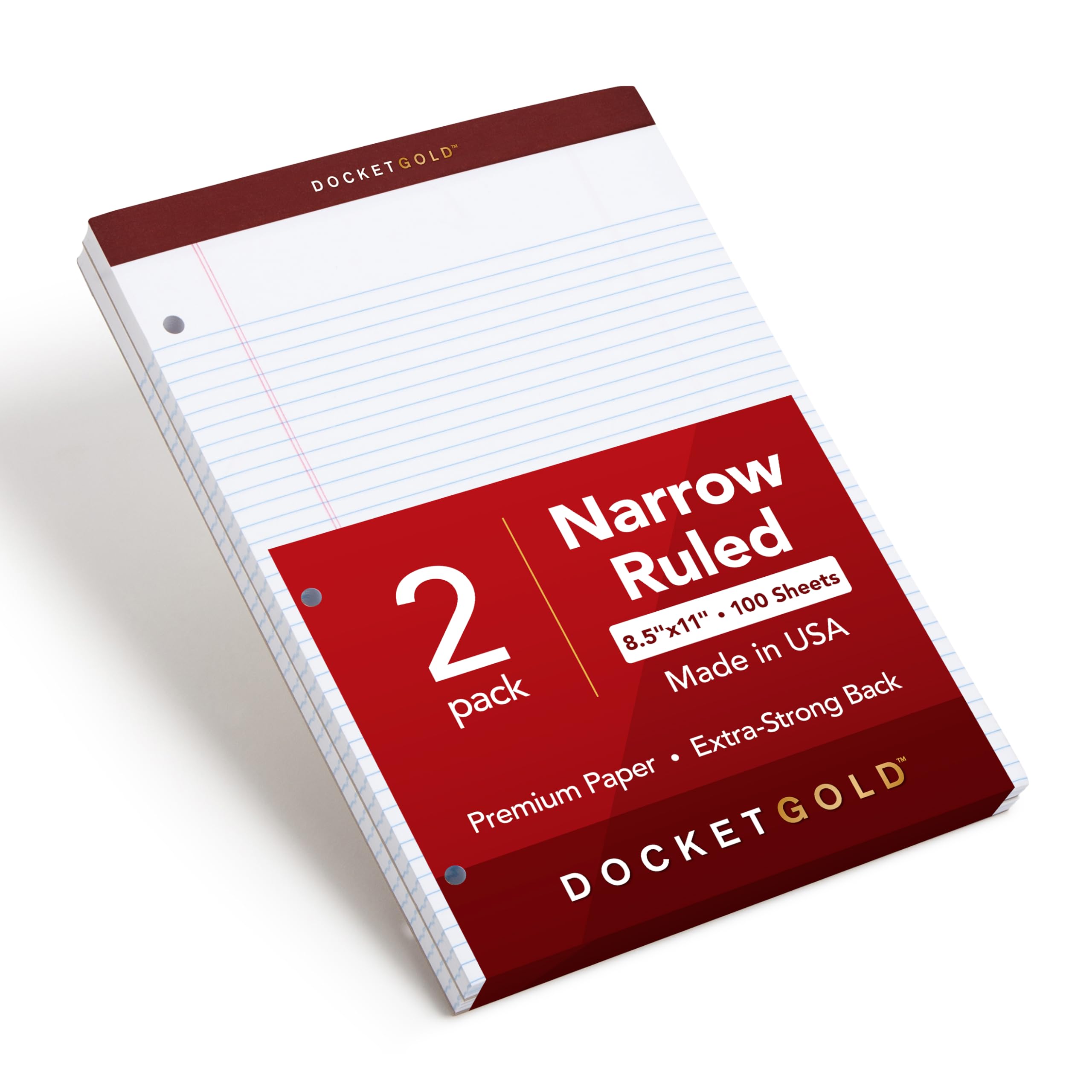 TOPS Docket Gold Writing Pads 8-1 2 x 11-3 4 Narrow Rule 3-Hole Punched White Paper 100 Sheets