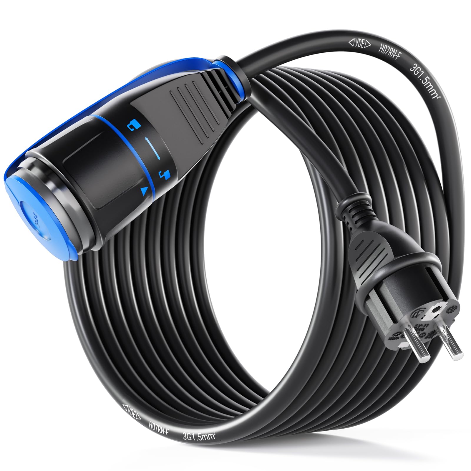 hb-digital Cable alargador de 10 m con sistema de bloqueo, enchufe acodado a conector hembra bloqueable, 12 kg, conexión de fuerza de tracción, ahorra espacio, naranja-negro