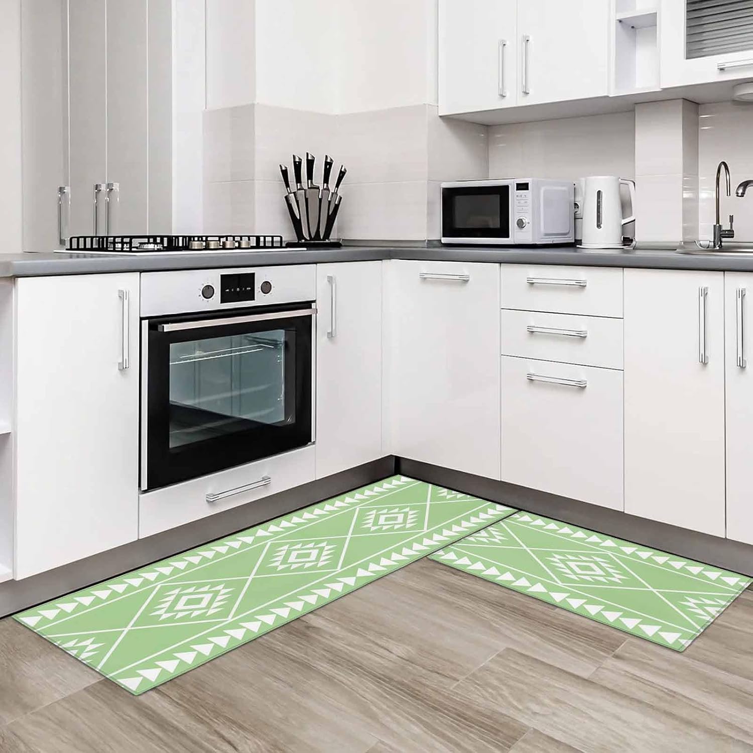 Teamery Kitchen Mats for Floor Modern Green White Geometric Art Washable Non Slip Kitchen Rugs 2PCS, Ethnic Tribal Triangle Absorbent Standing Mats for Sink Office Living Room 15.7x23.6in+15.7x47.2in