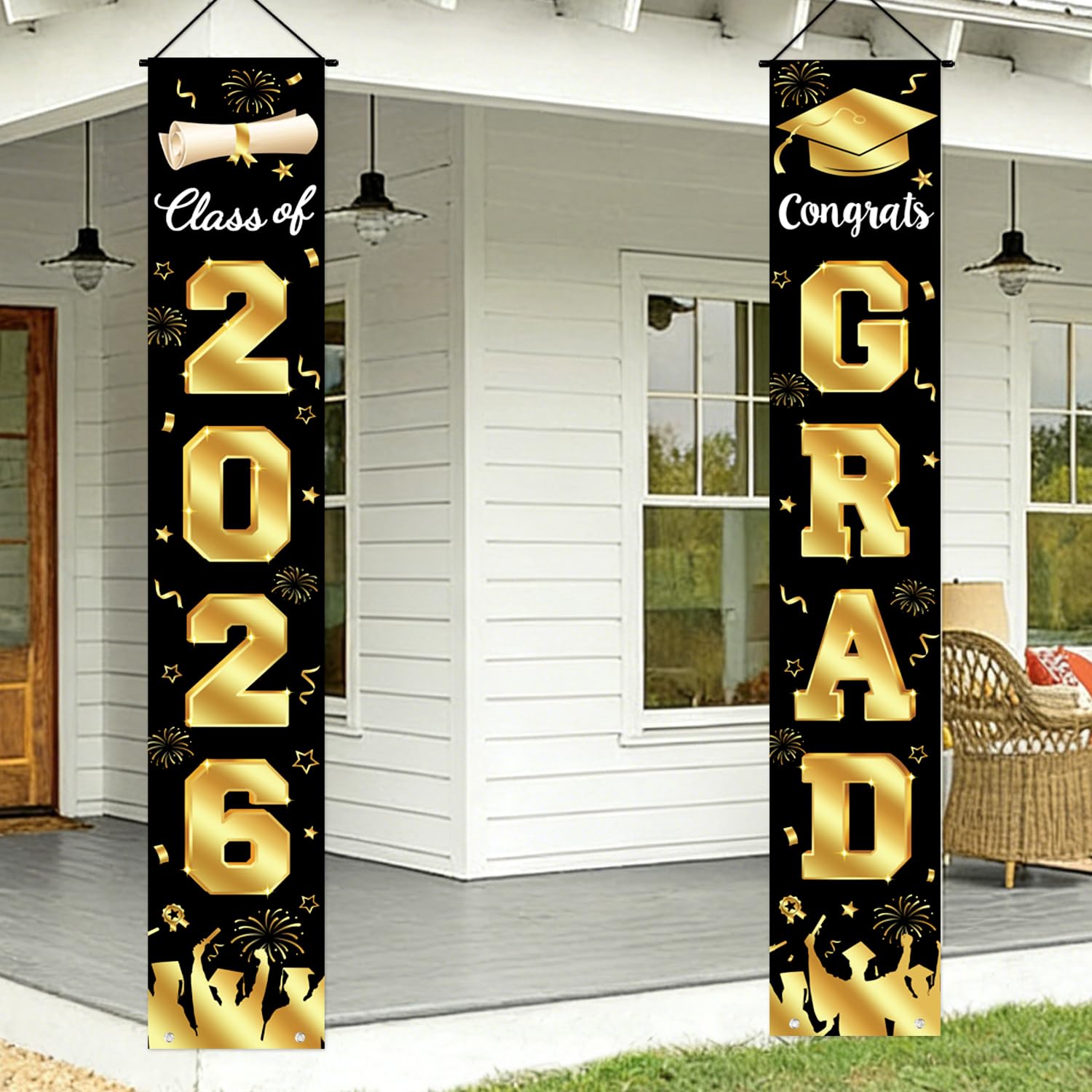 Graduation Decorations 2026 Porch Banner, Graduation Banner Class of 2026, Black and Gold Congrats Grad Decorations for Door and Porch Party Supplies