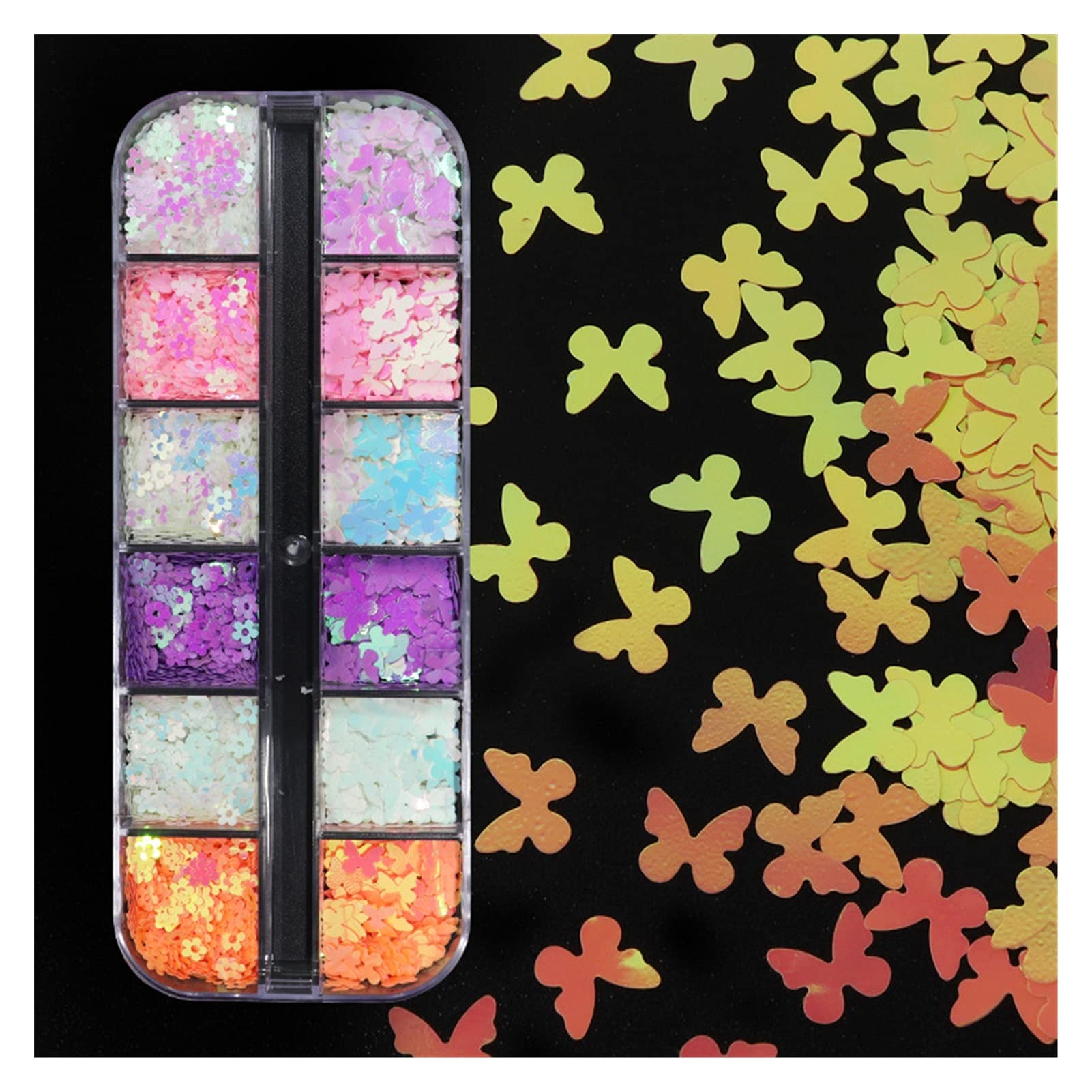 QQ 12 Grid Butterfly Glitter Flakes Sequins for Nail Art DIY Epoxy