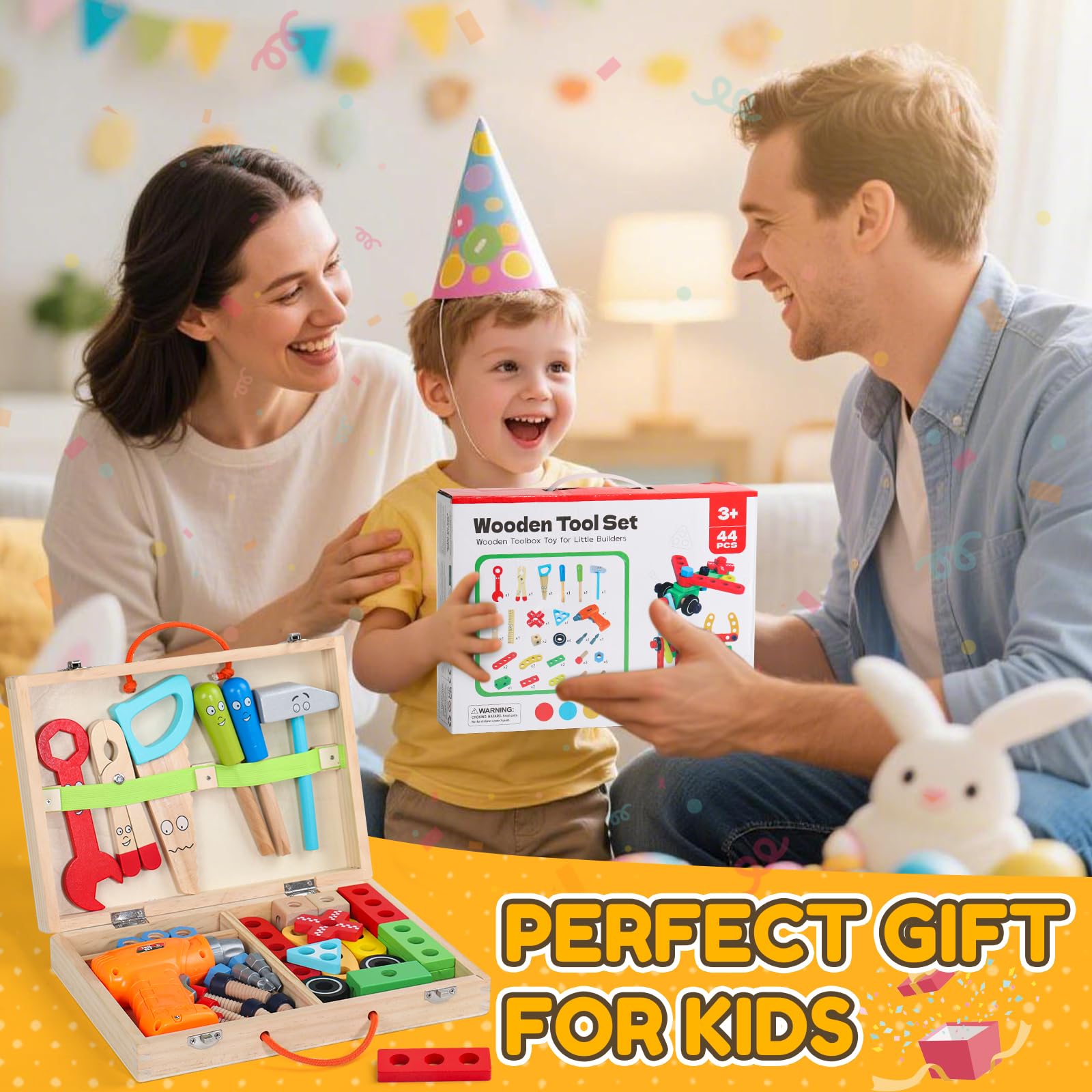 Werkzeugkoffer Kinder Werkzeug - Montessori Spielzeug ab 3 Jahre mit Bohrmaschine Kinder Spielzeug ab 3 Jahre Junge Mädchen Motorik Holzspielzeug Lernspiele Geschenk Junge 3 4 5 Jahre (44 STK)