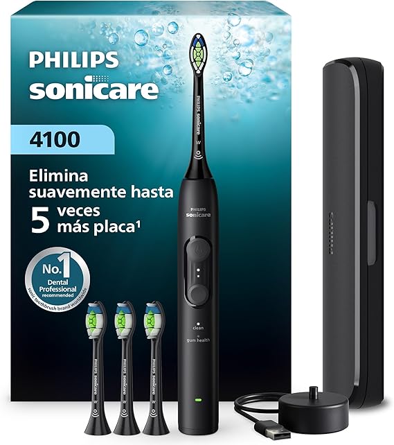 Cepillo Philips Sonicare Serie 4100 - Cepillo dental sónico con sensor de presión, 4 ajustes de cepillado, función EasyStart, SmarTimer, autonomía de 21 días, estuche, negro, HX4046/52, [Nuevo] oferta Amazon