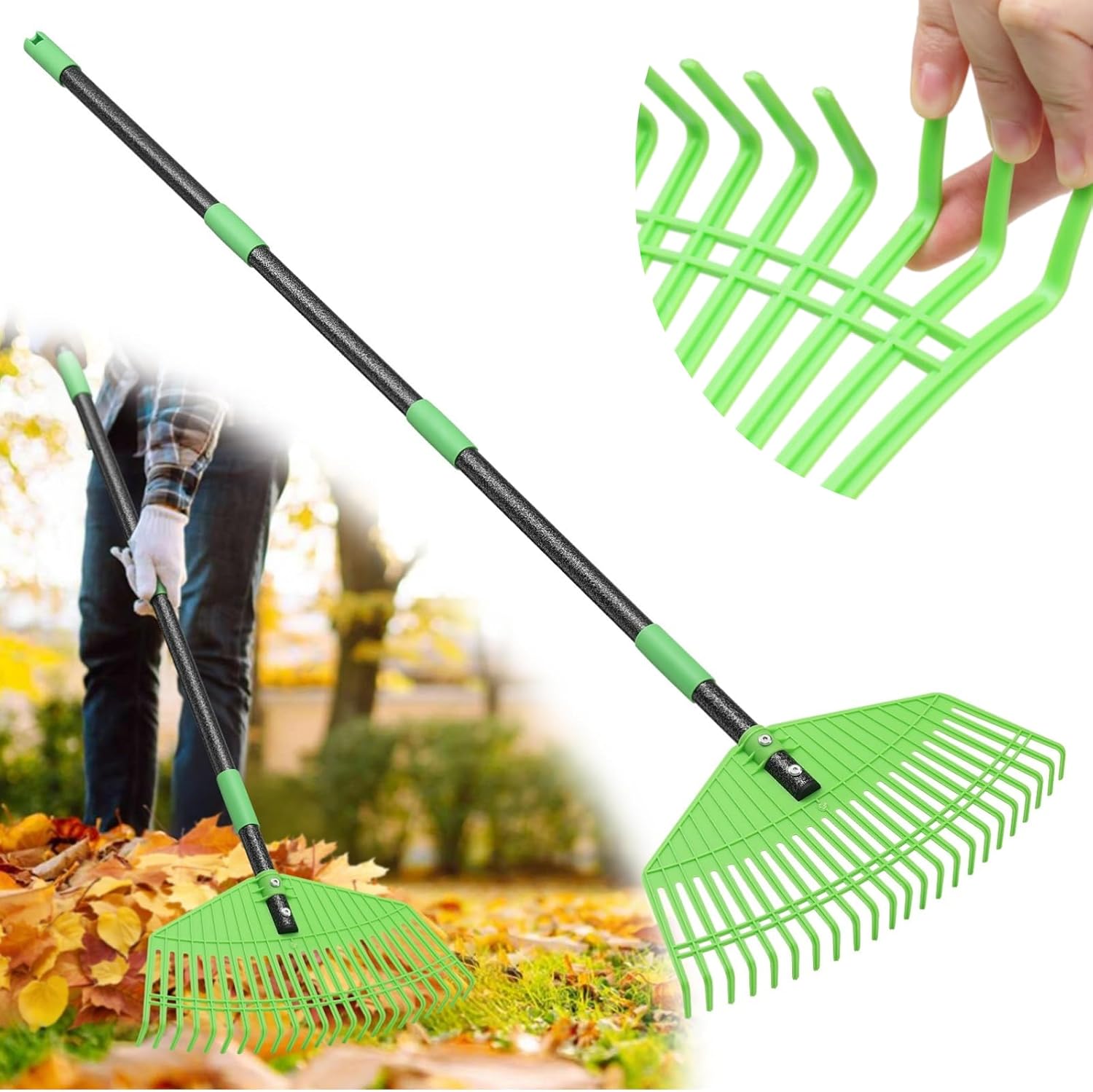 HANGMAICOME Lightweight Plastic Leaf Rake Adjustable 36-65" Handle - Flexible Nylon Tines for Leaves Grass Pine Needles Lawn Garden - Easy for Seniors Women Kids