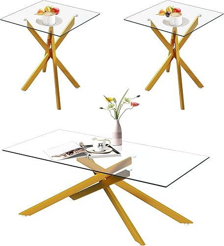 Miniatura 1 de Juego de 3 mesas auxiliares de cristal dorado, mesa auxiliar moderna para sala de estar, patas geométricas de metal de 39.4 pulgadas, mesas de