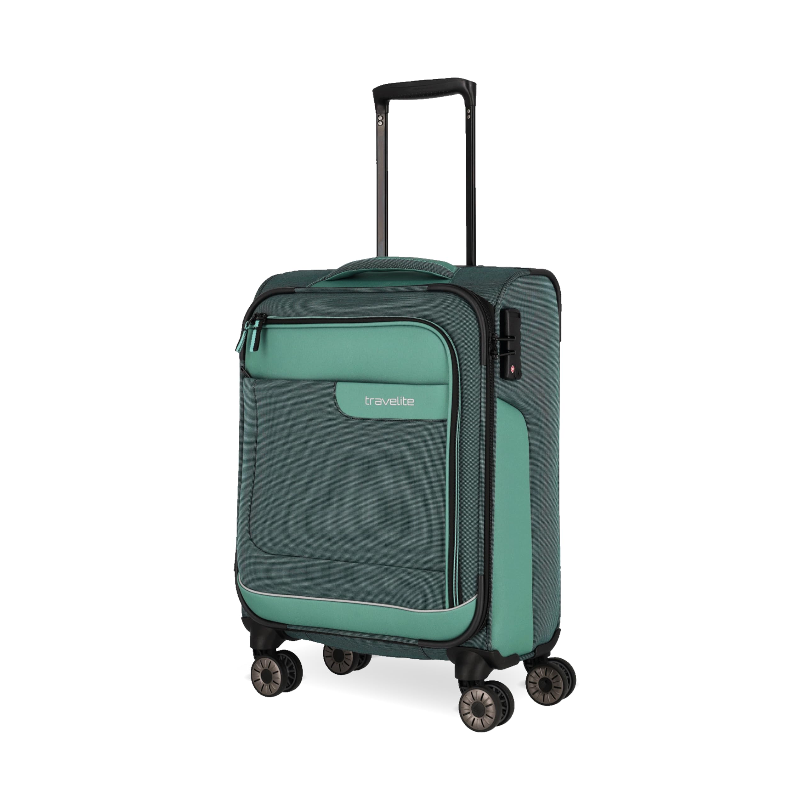 Travelite 4-Rad Koffer Handgepäck Weichschale aus recyceltem Material, erfüllt IATA Norm, Gepäck Serie VIIA: Trolley mit Aufsteckfunktion + Kantenschutz, 55 cm, 34 Liter
