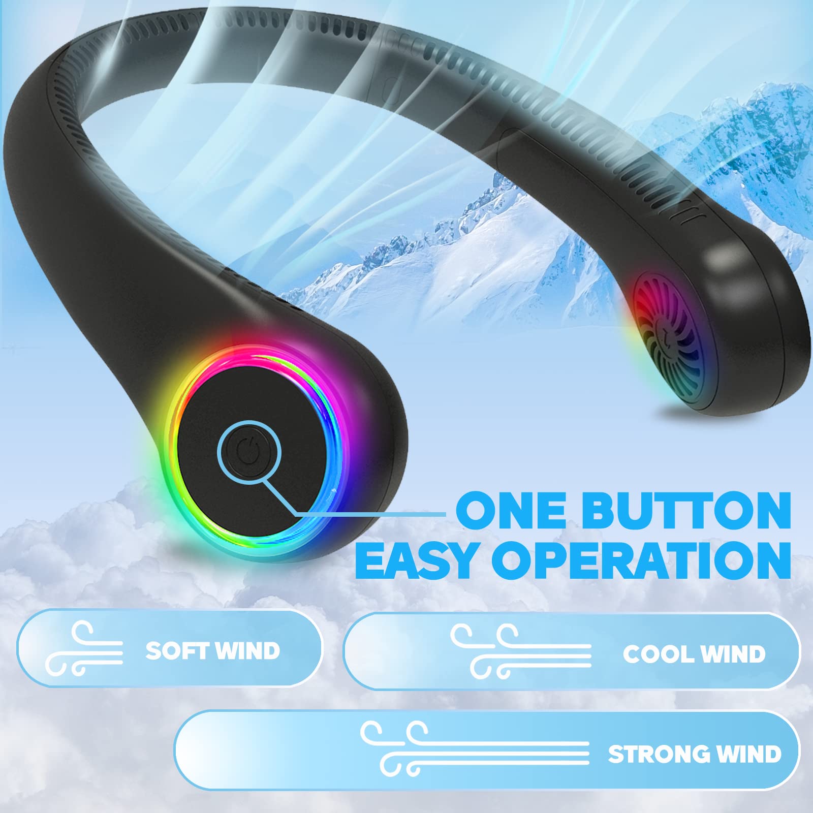 ITSHINY Mini Ventilatore da Collo, Portatile, Senza Pale, USB, Ricaricabile Batteria 4000 mAh, Silenzioso Potente con 3 velocità e Luci LED, per Ufficio, Viaggi