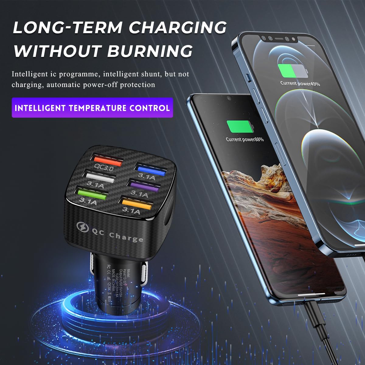 Wevdn Adattatore per caricabatterie da auto, 6 porte USB multi porta per ricarica rapida accendisigari, caricabatterie rapido per auto, include QC 3.0 e 5 altre porte per la maggior parte dei telefoni