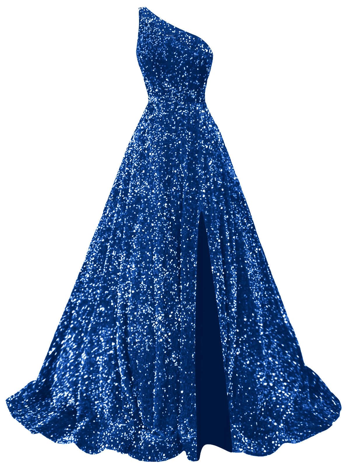 Fu Jiang Sparkly Sequin One Shoulder Prom Dresses for Women Long Split Formal Evening Ball Gown with Pockets