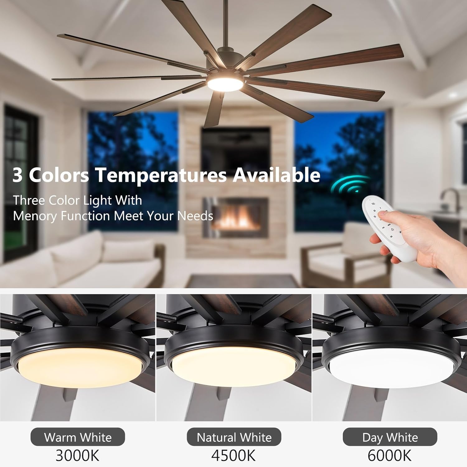 72 Inch Ceiling Fan with Lights, Large Outdoor Ceiling Fans, Modern Industrial Ceiling Fan 9 Blades for Great Room, Large Living Room Patio Farmhouse Damp Rated, Quiet Reversible DC Motor Dark Walnut