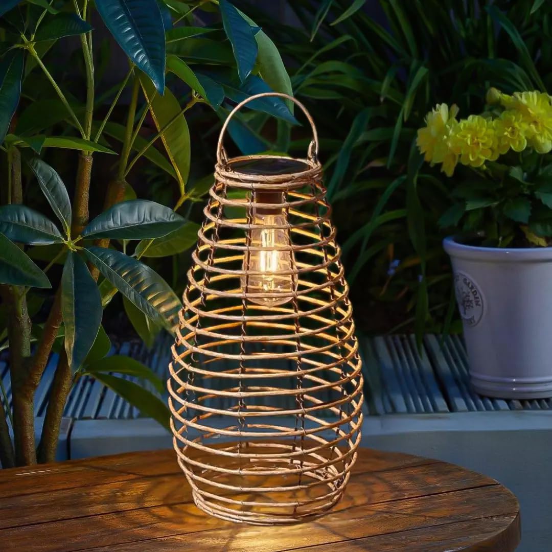 Garden Mile Large Solar LED Lantern Lighting for Garden Hanging Rattan Effect Outdoor Light Solar Powered Lighting 38cm Garden Table Light Warm White Lighting