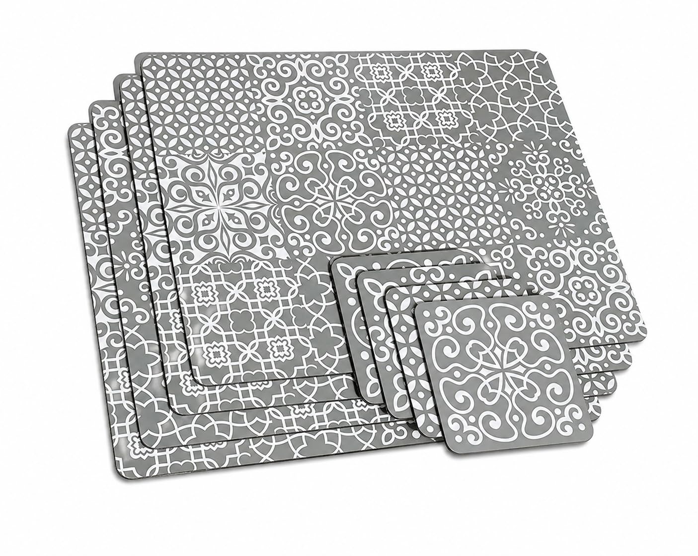 FAHD TRADERS Cork Backed Placemats & Coasters Set of 8 | Heat Resistant Waterproof Table Mats | 4 Placemats & 4 Coasters | Easy Clean Kitchen Dining Table Mats | Marble, Bee & Geometric Designs(Geo)