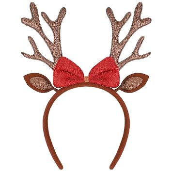 Apausvcm Christmas Headband Brown Christmas Antlers Headband Reindeer Ears Headbands for Women Sequined Glittery Deer Antler with Bows Hairband ChristmasHoliday Hair Accessories for Cosplay Costume
