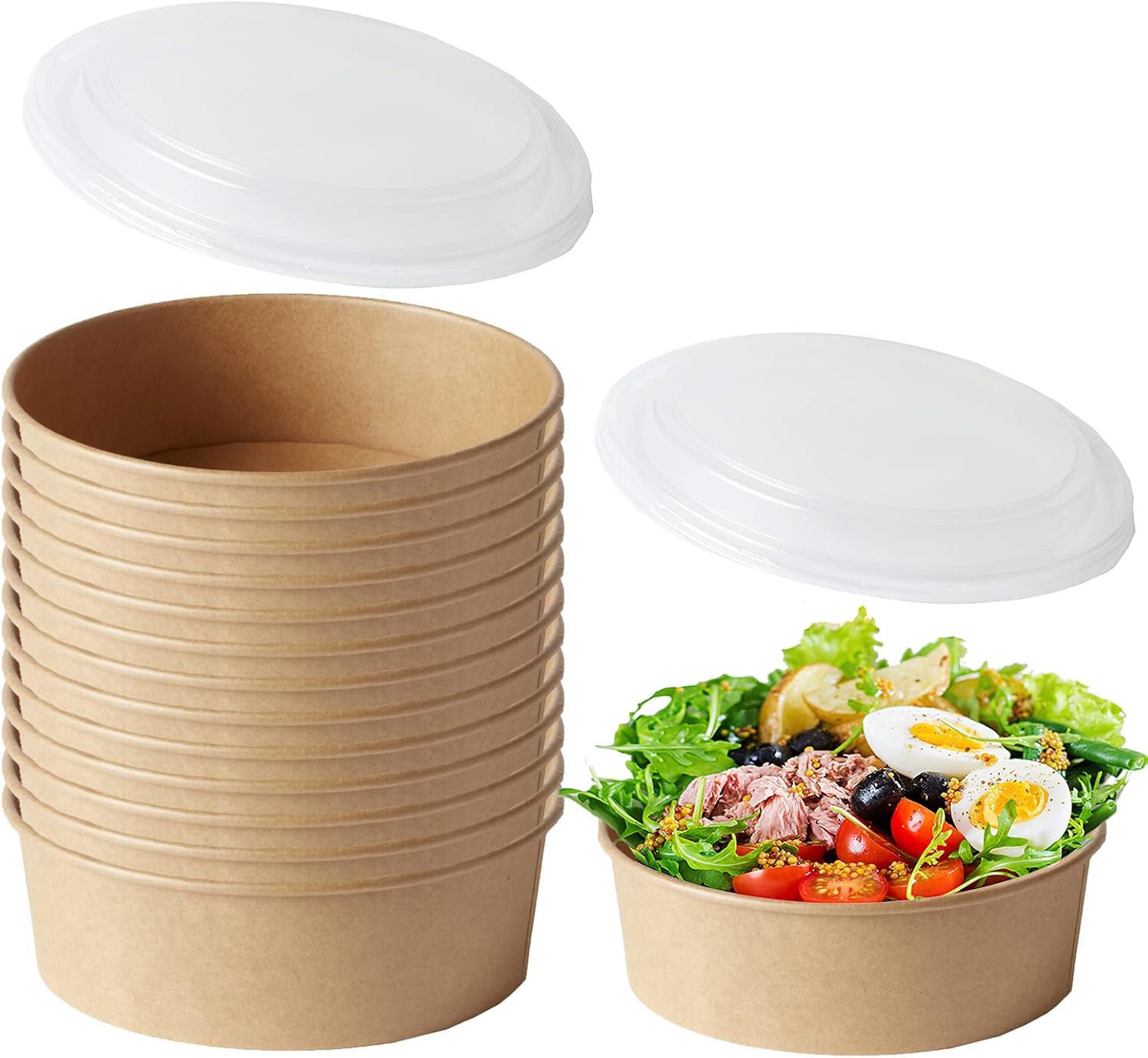 50 Round Kraft Deli Bowls with Lids Recyclable Takeaway Containers Tubs