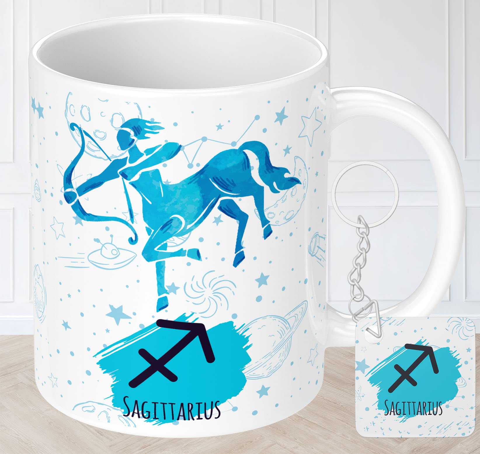Zodiac Sign Sagittarius Printed Coffee Mug with Keychain Unique Gift Mug For Men, Women, Sister, Mother, Daughter, Father, November & December Horoscope Birthday Gift, Pack of 2 (Microwave Safe Ceramic Tea Coffee Mug-350ml) (ZDMK1 77)
