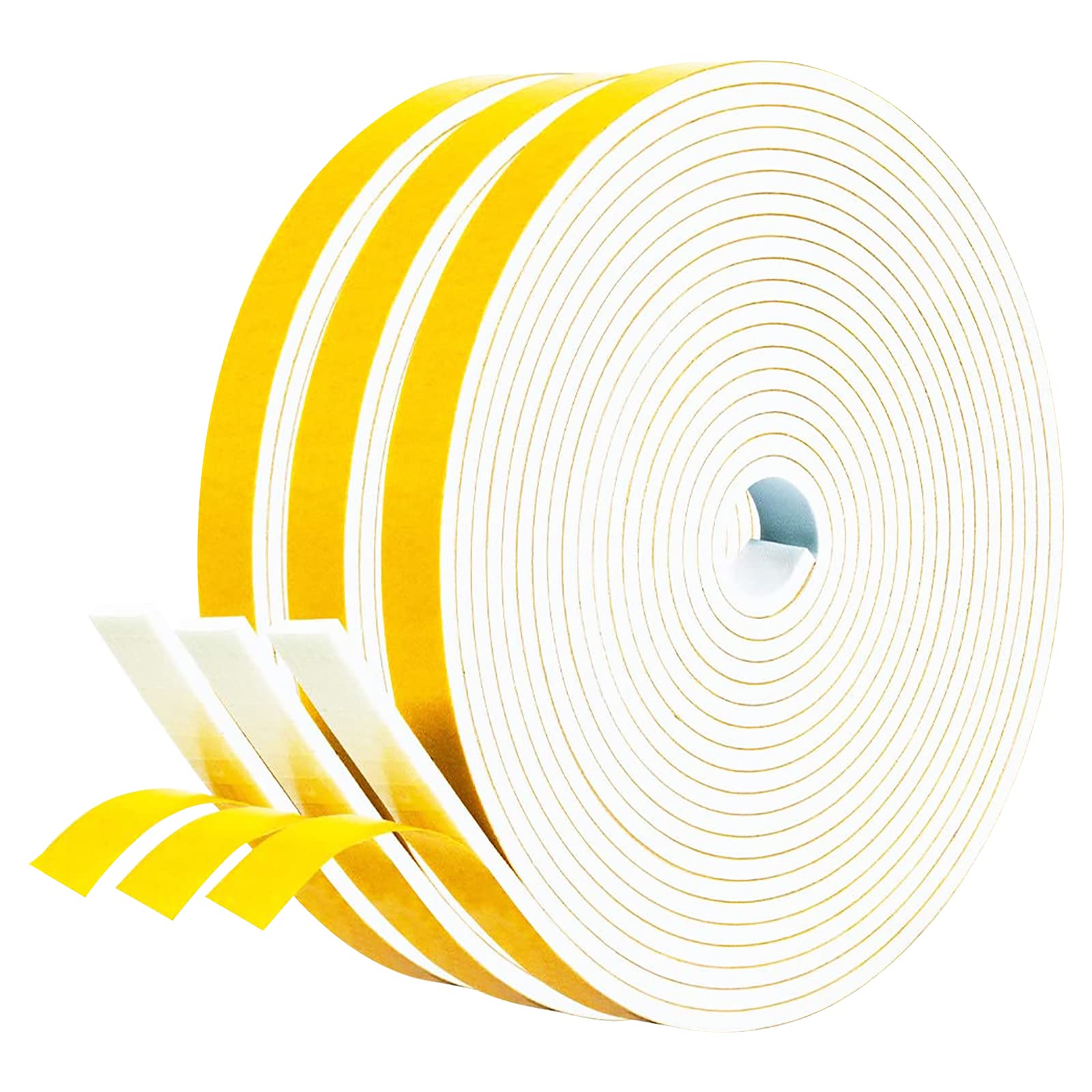 Fowong Foam White Draft Excluder For Doors, 3 Rolls 12Mm(W) X 3Mm(T) High Density Foam Tape, Self Adhesive Weather Seal Strip For Windows And Doors, Insulation Soundproofing Strips Tape, Total 15M Long, White