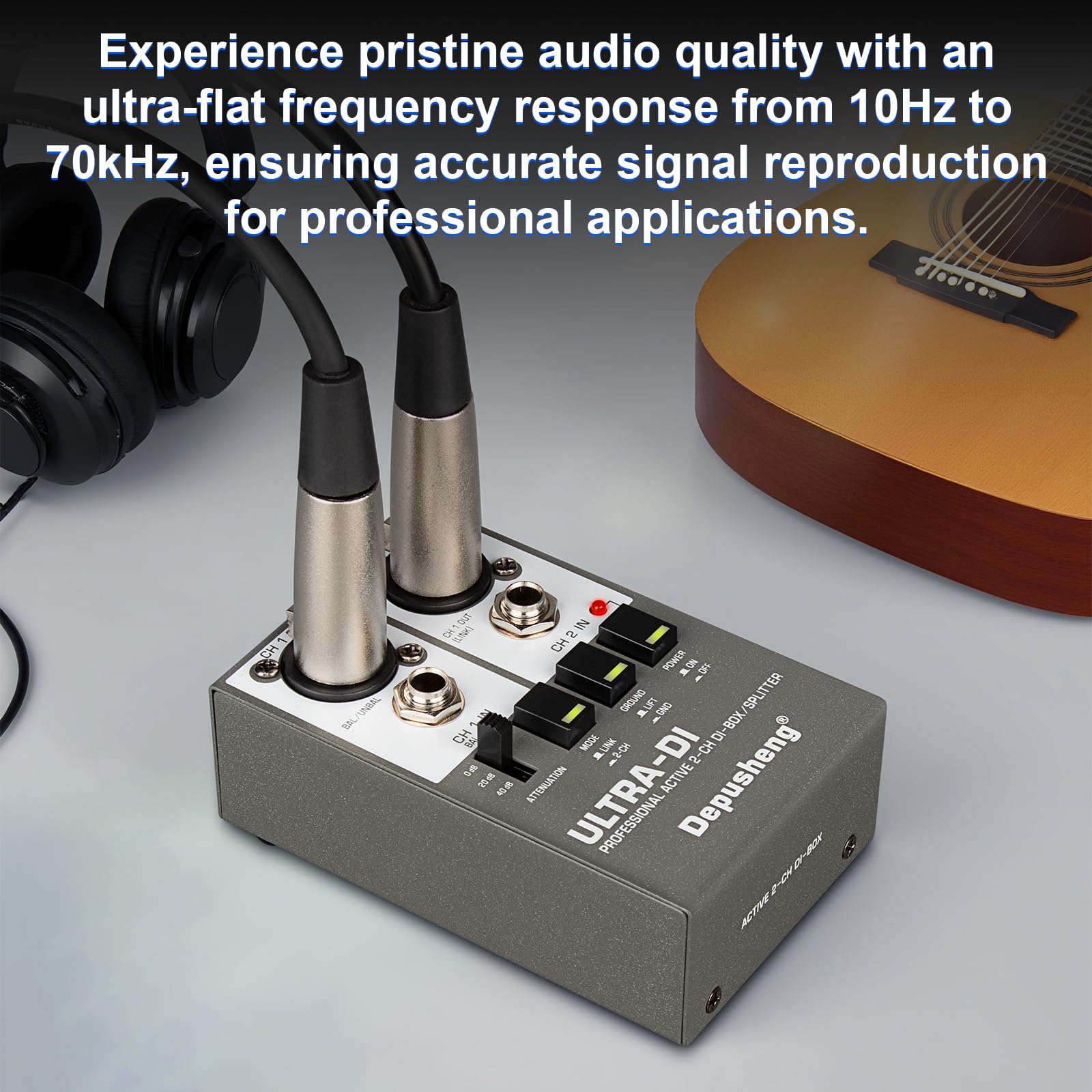 Depusheng Ultra-DI Di2 Professional Active DI-Box/Splitter a 2 canali con attenuatore di ingresso per collegare chitarra e basso, connettore bilanciato e sbilanciato, alimentazione 48V supportata