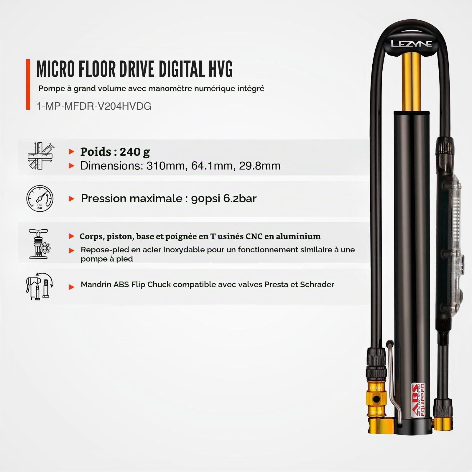 LEZYNE Pompe à Pied Compacte Micro Floor Drive Digital HVG