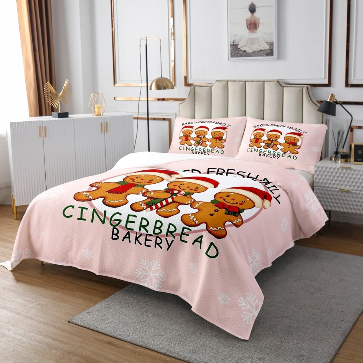 Feelyou Cute Christmas Bedspread Gingerbread Man Bedspread for Kids Boys Girls Xmas Tree Coverlet Set Christmas Snowflake Quilted Bedroom Collection 2Pcs Twin Size