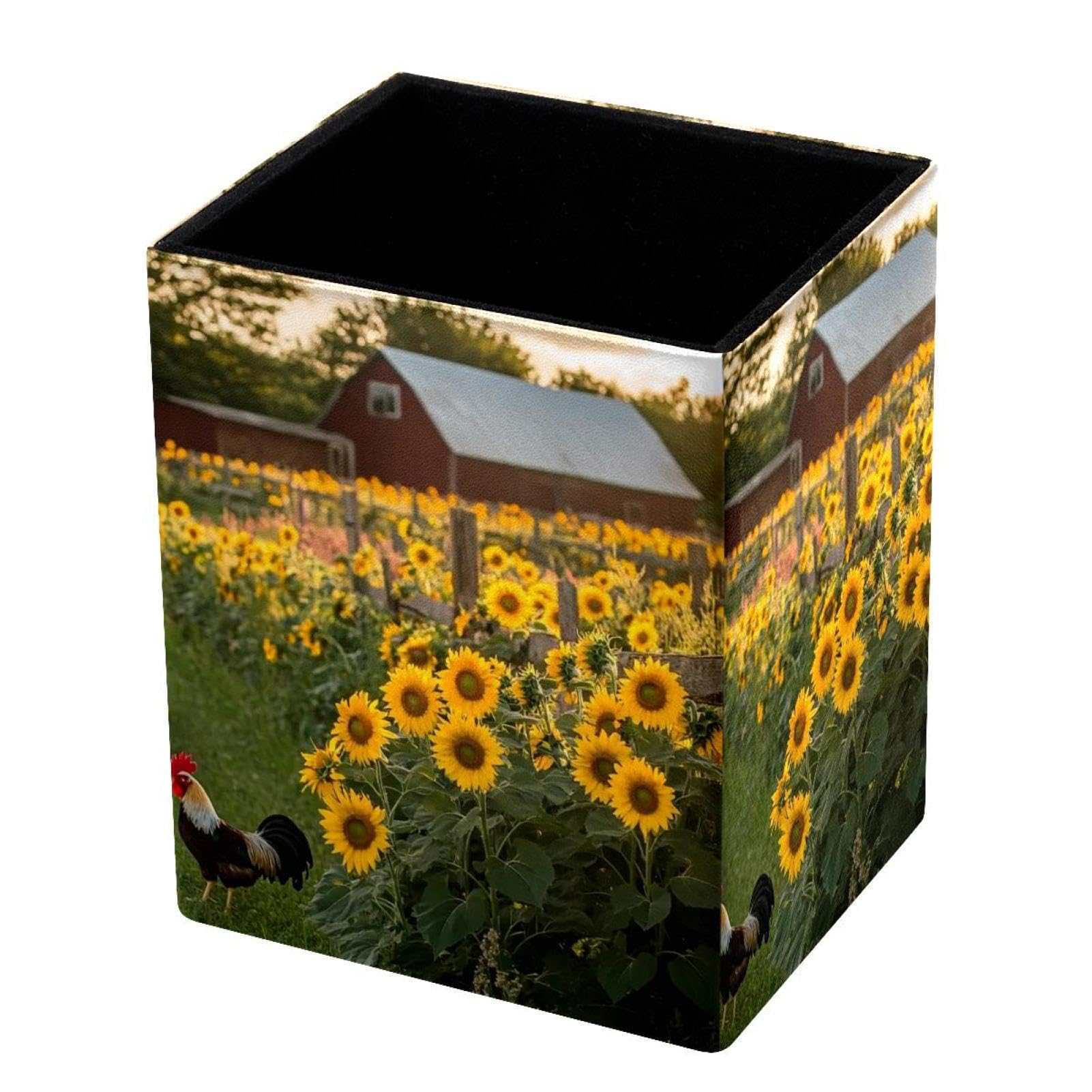 FWJZDSP Desk Pen Holder, Sunflower Farm Rooster Pencil Organizers, Pencil Holder Pencil Case Cup Pencil Bag for Desk Office Pen Case for School