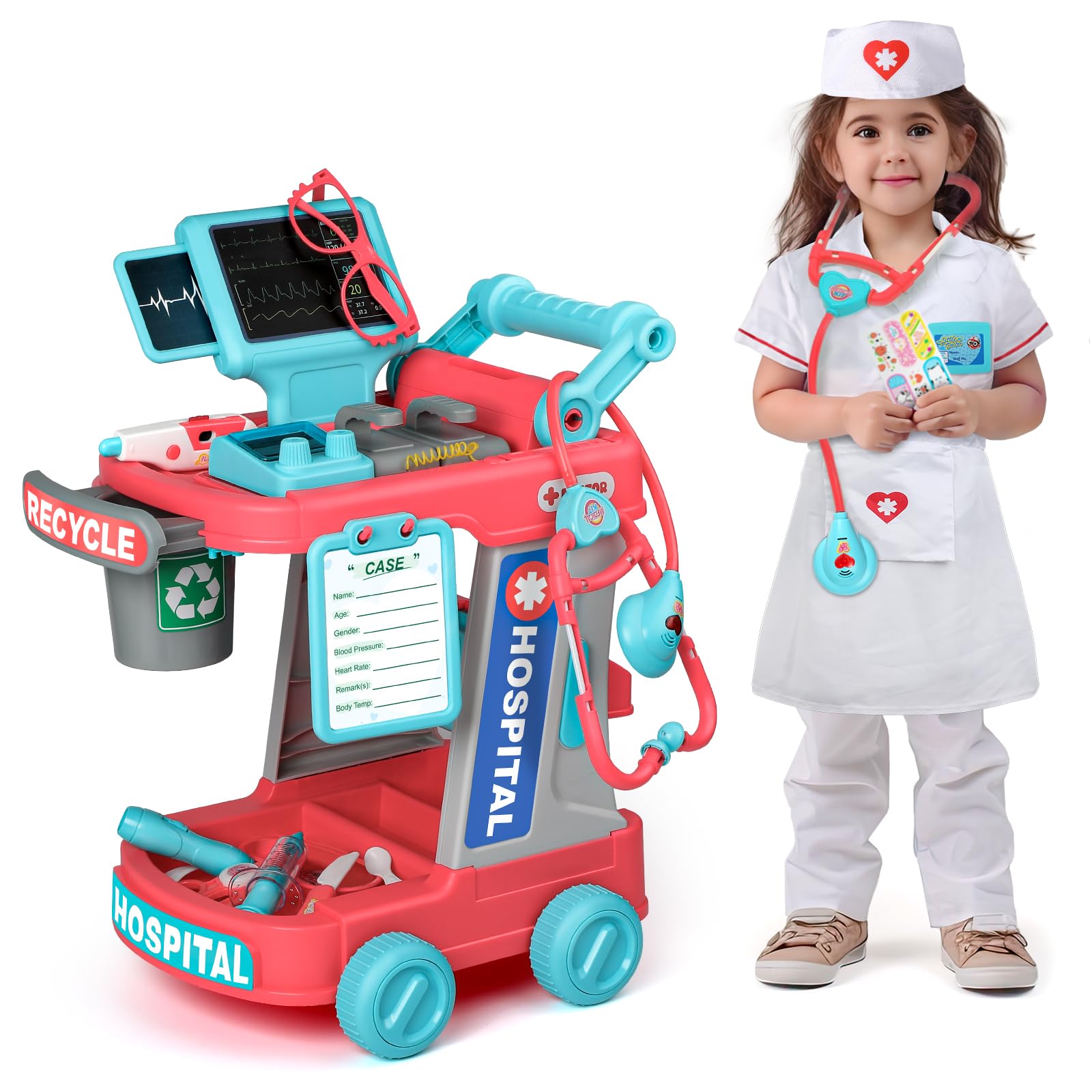 Liberry Doctor Kit for Toddlers Ages 2 3 4 5, Pretend Kids Doctor Playset with Cart, Costume and Stethoscope, Role Play Medical Toys Christmas Birthday Gift for Girls Boys (Red)