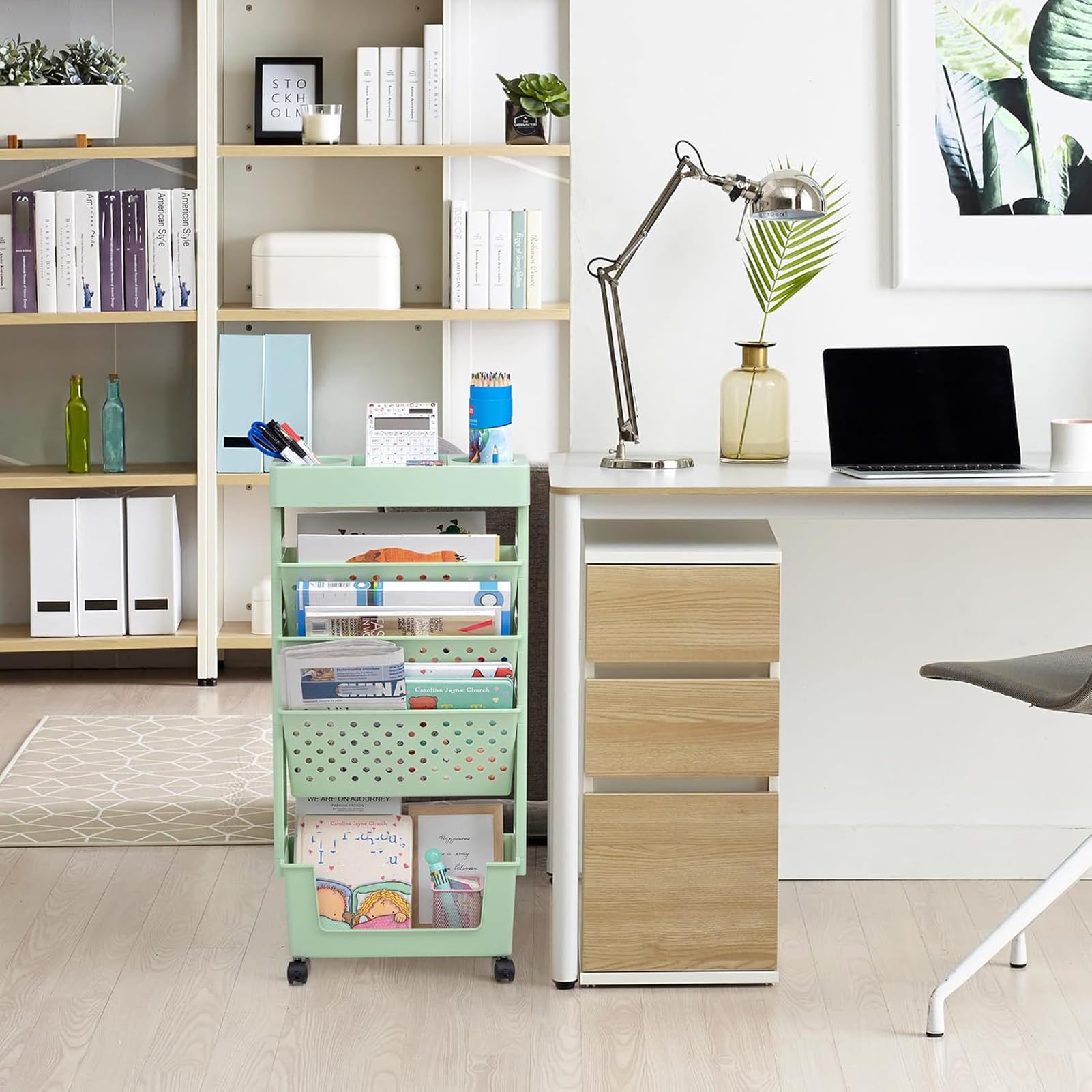 Carrito de libros delgado con ruedas para niños, 5 niveles, estantería móvil para manualidades, carrito de almacenamiento de manualidades, muebles de aula, ideal para escuelas y salas de juegos