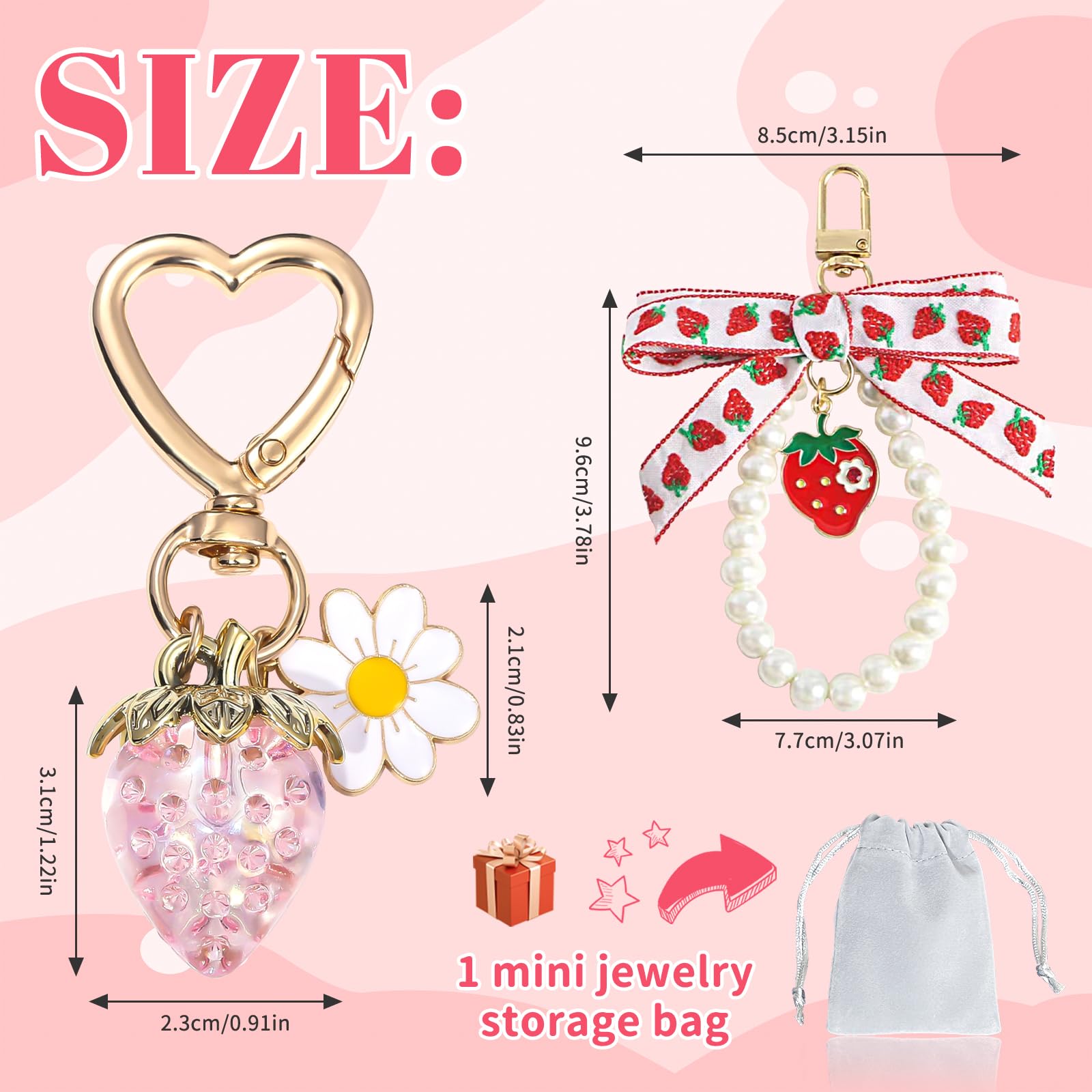 SunixSonie 2Pcs Strawberry Keychain Charm Cute Strawberry Bag Purse Charms Heart Flower Daisy Keychain Pearl Bow Kawaii Car Keychains Strawberry Accessories for Women Girls Gift(Pink)