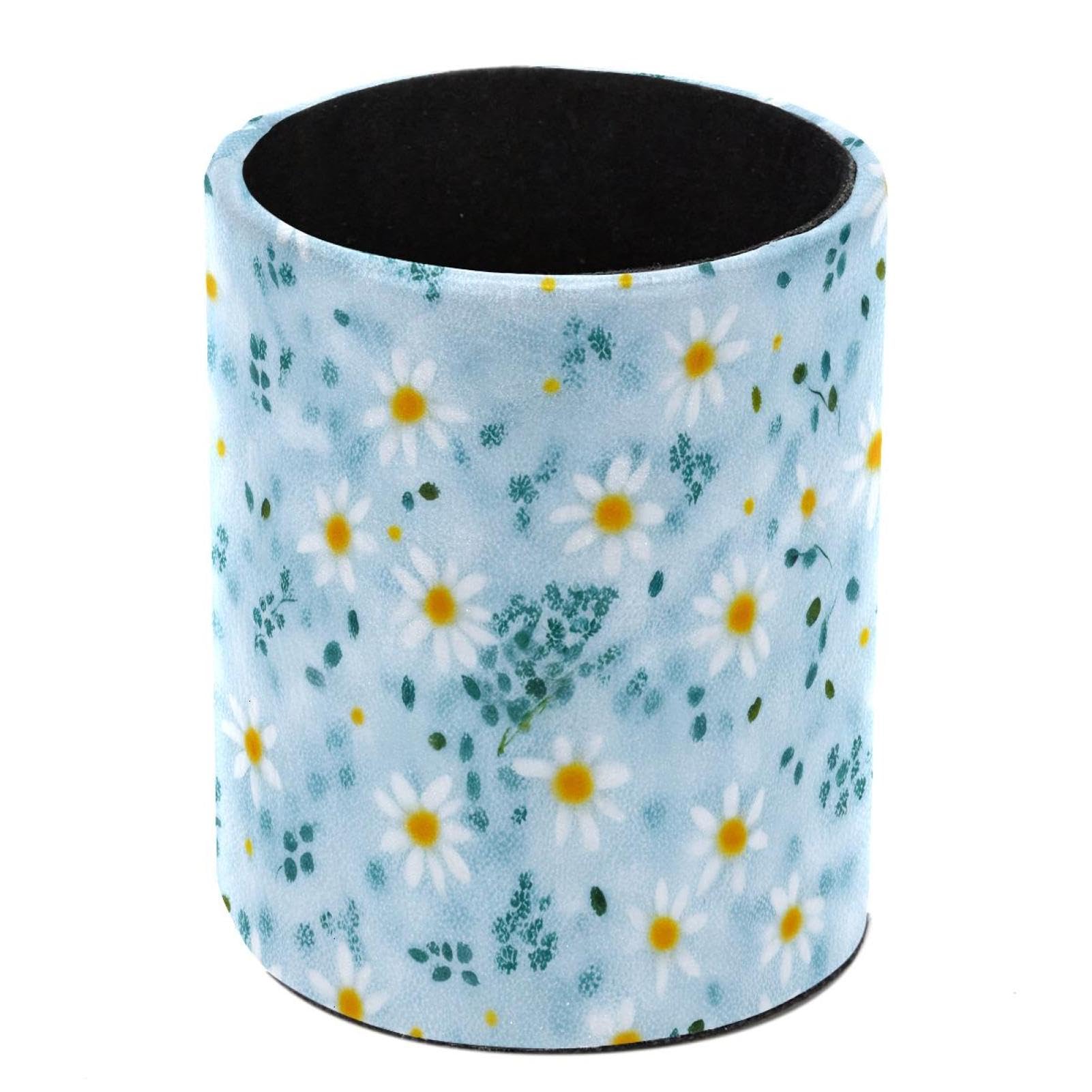 HEOEH Daisies Pen Holder for Desk, PU Leather Pencil Holder Pen Cup Marker Holder Makeup Brush Holders, Desk Accessories & Workspace Organizers for Home, Office
