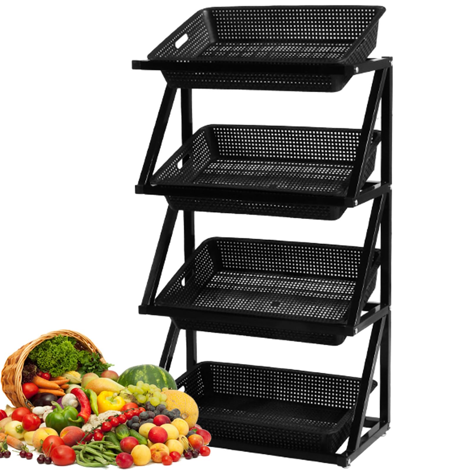 Supporto per verdure in metallo di 4 livelli con cesti, carrello organizzatore della cucina rotolato resistente per lo stoccaggio del supermercato, rack di esposizione portatile per produrre snack e g