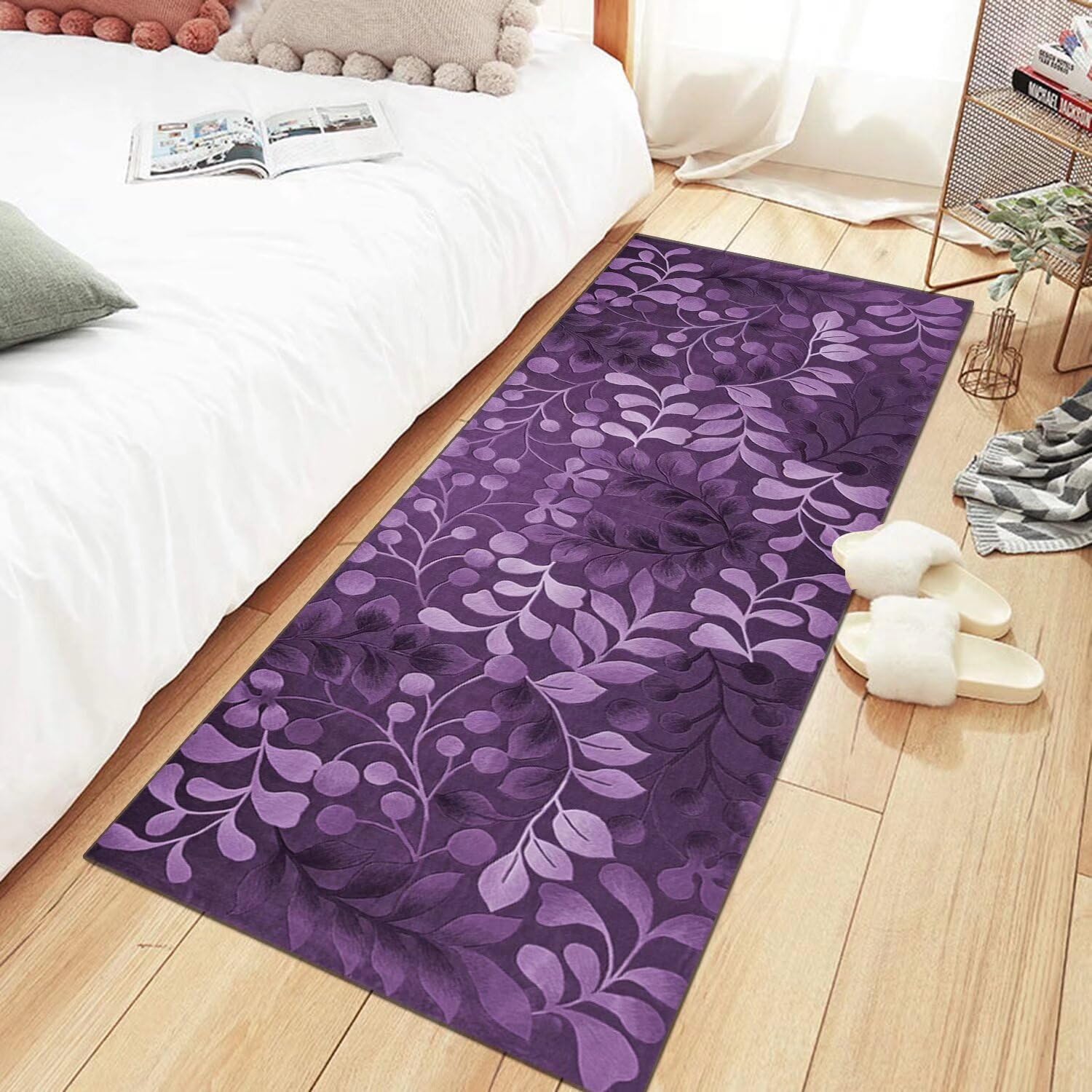 3D-tapijtloper, lang, voor gang, keuken, antislip, wasbaar, keukenloper, 50 x 250 cm, paars, roze, bloem, tapijtmatten, polyester, gang, woonkamer, slaapkamer, vuilvangmat, keukentapijt
