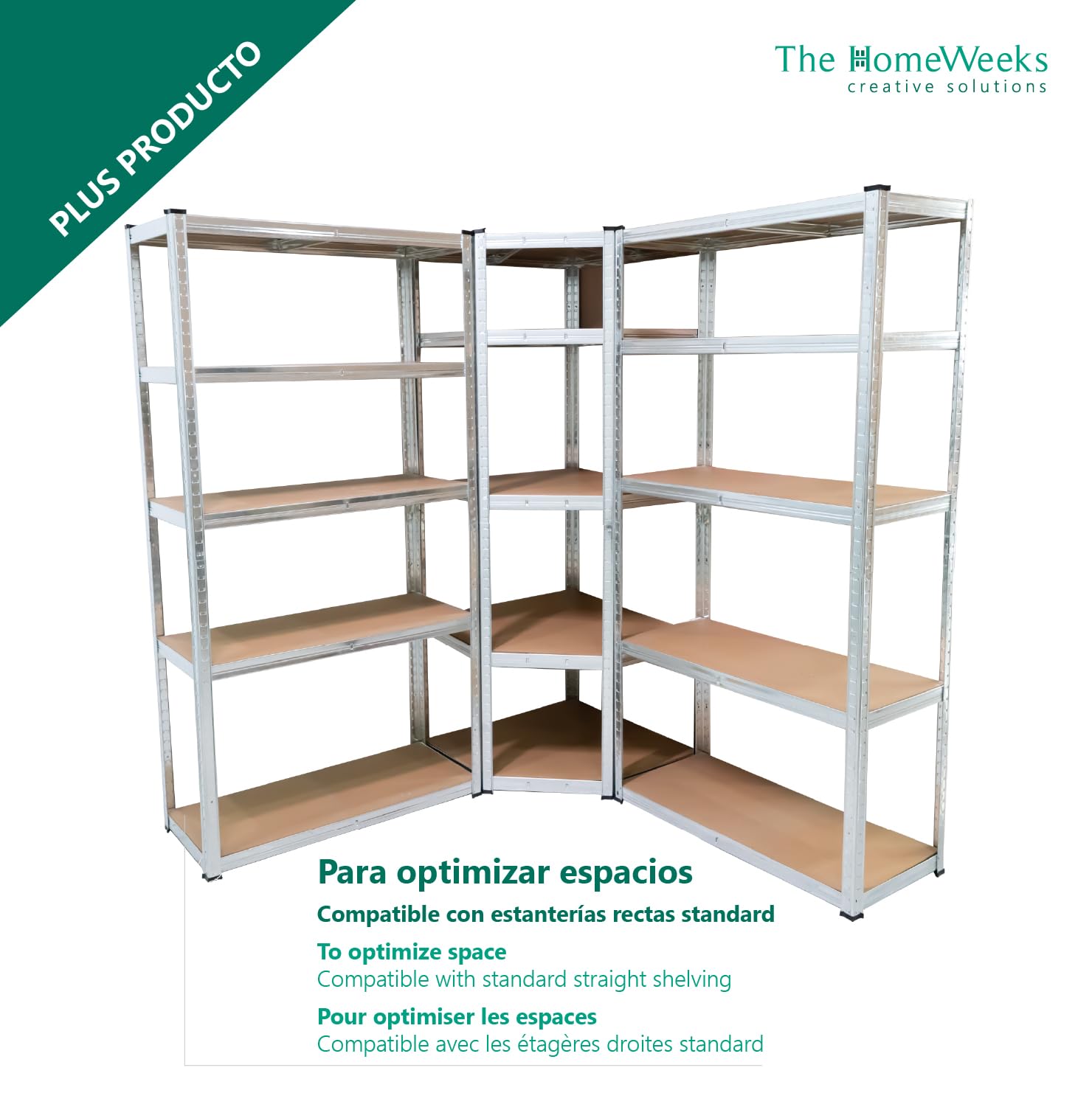 The Homeweeks Estantería Almacenaje Esquinera Angular Metálica 180 * 70 * 40cm | Galvanizada Modular | 5 Baldas MDF | Montaje Suelo | sin Tornillos System Click & Push | Multiposición