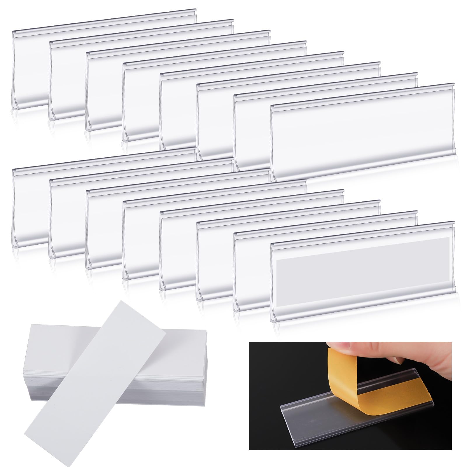 120 Pcs Drawer Labels 3 x 1inch Shelf Labels with 120 Pcs White Paper Shelf Tags Plastic Label Holders Clear Shelf Label Holder for Storage Bins