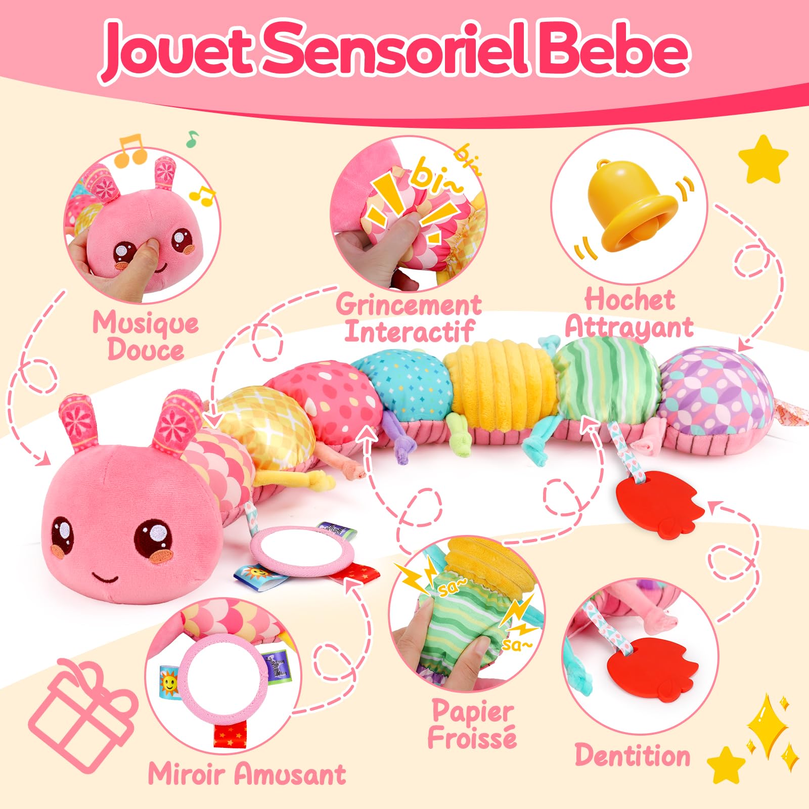 Lypsochaat Jouet Bebe 0-3-6-9-12 Mois, Jouet en Peluche Chenille Musicale, Jeux Bébé Eveil 0-3 0-6 Mois, Cadeau Naissance Fille Garcon Bébé (Rose)